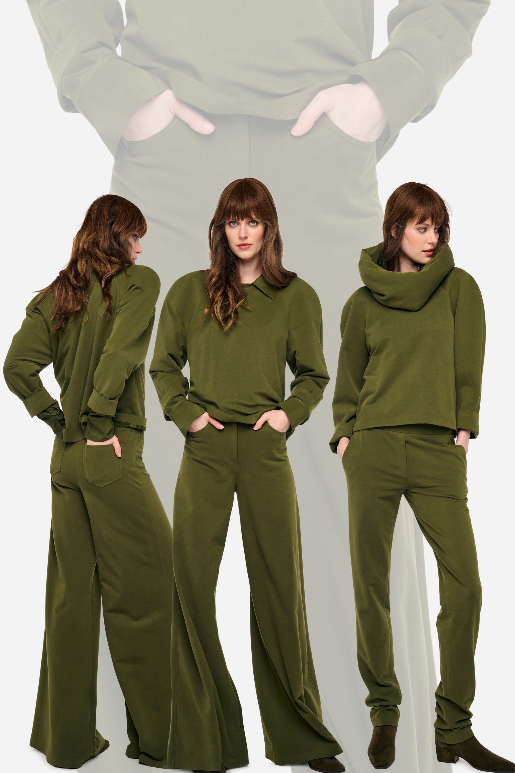 green cotton long-sleeve collared relaxed zippered top