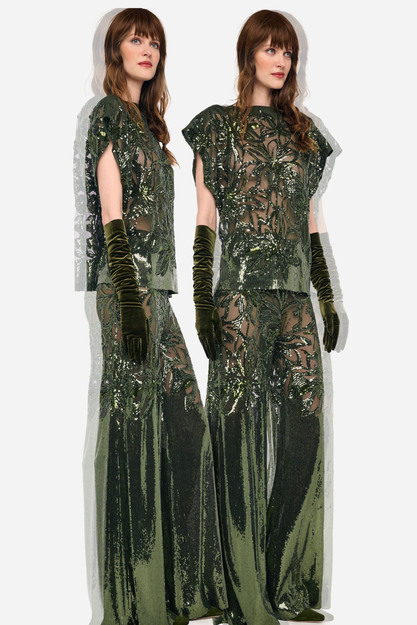 green mesh fitted embroidered sequined sheer pants