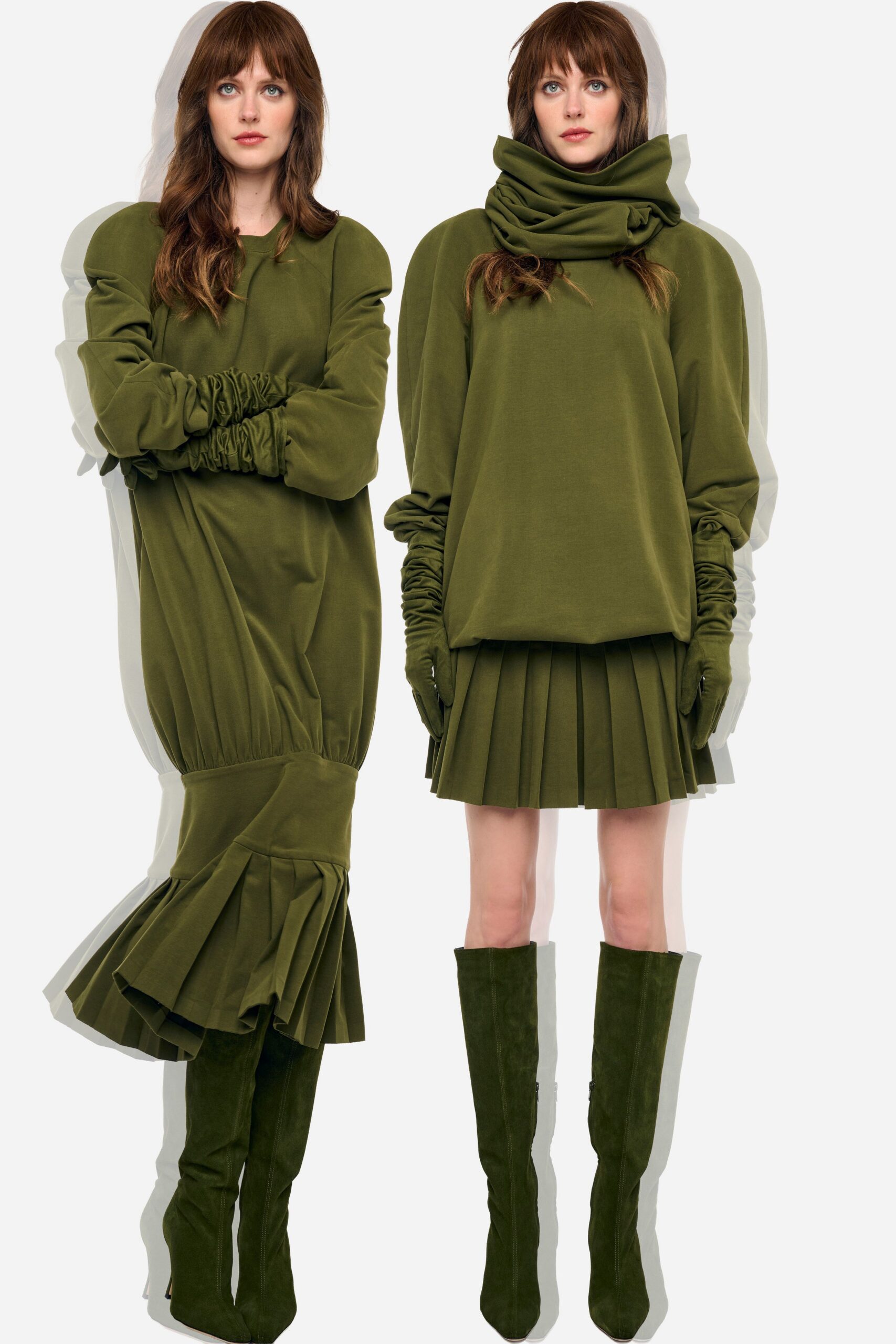 green cotton fitted pleated skirt