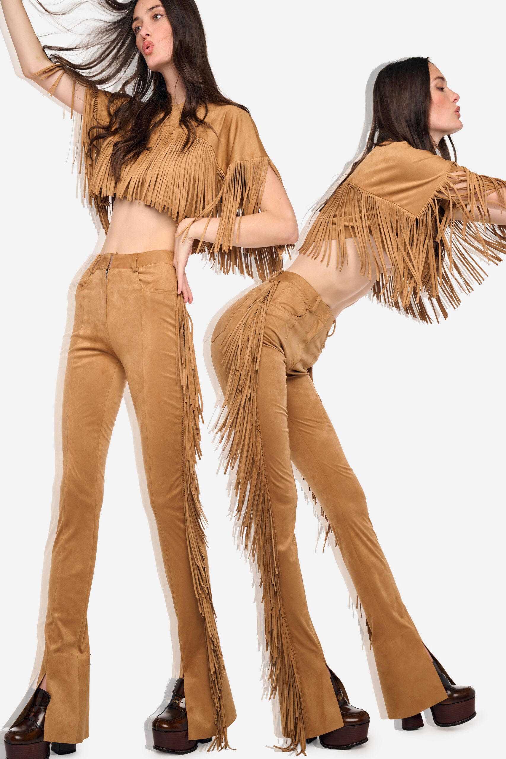 brown suede sleeveless fitted fringed top