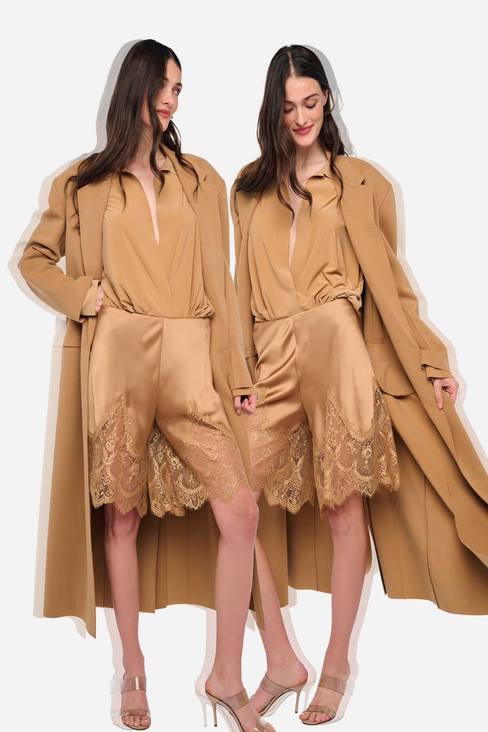 gold silk long-sleeve v-neck fitted pleated blouse