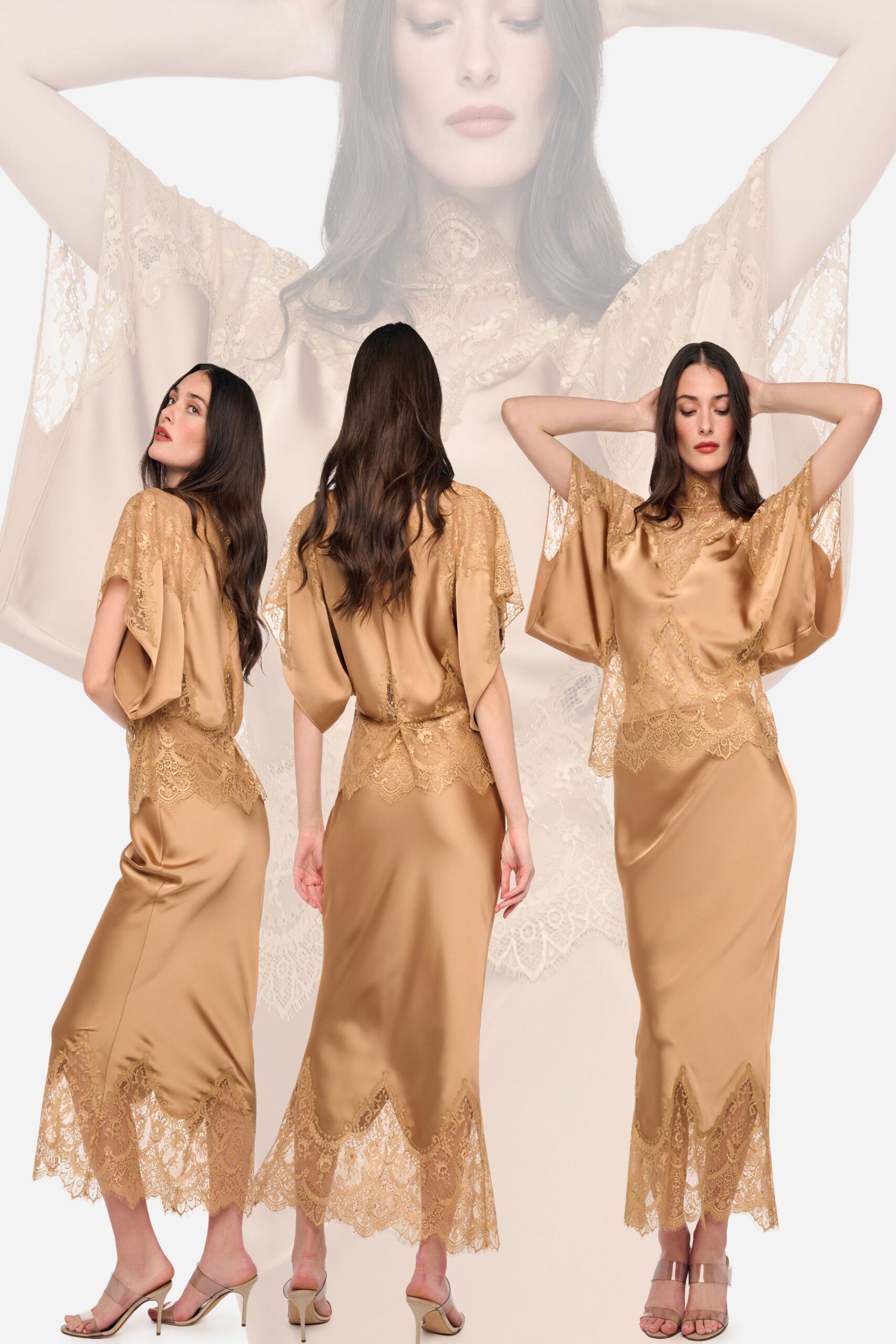 gold satin short-sleeve high-neck fitted embroidered tiered dress