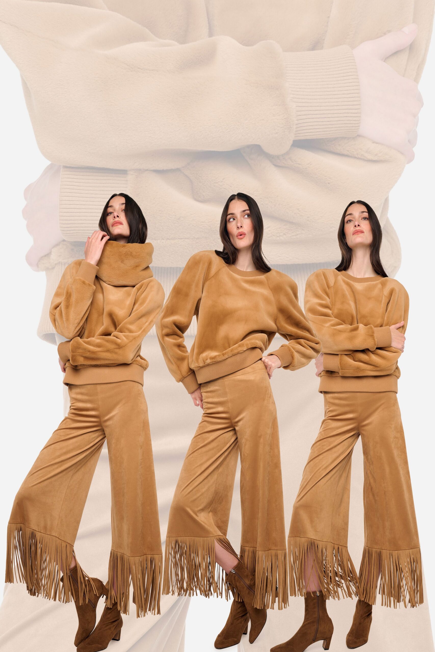 brown faux-fur relaxed flared fringed pants