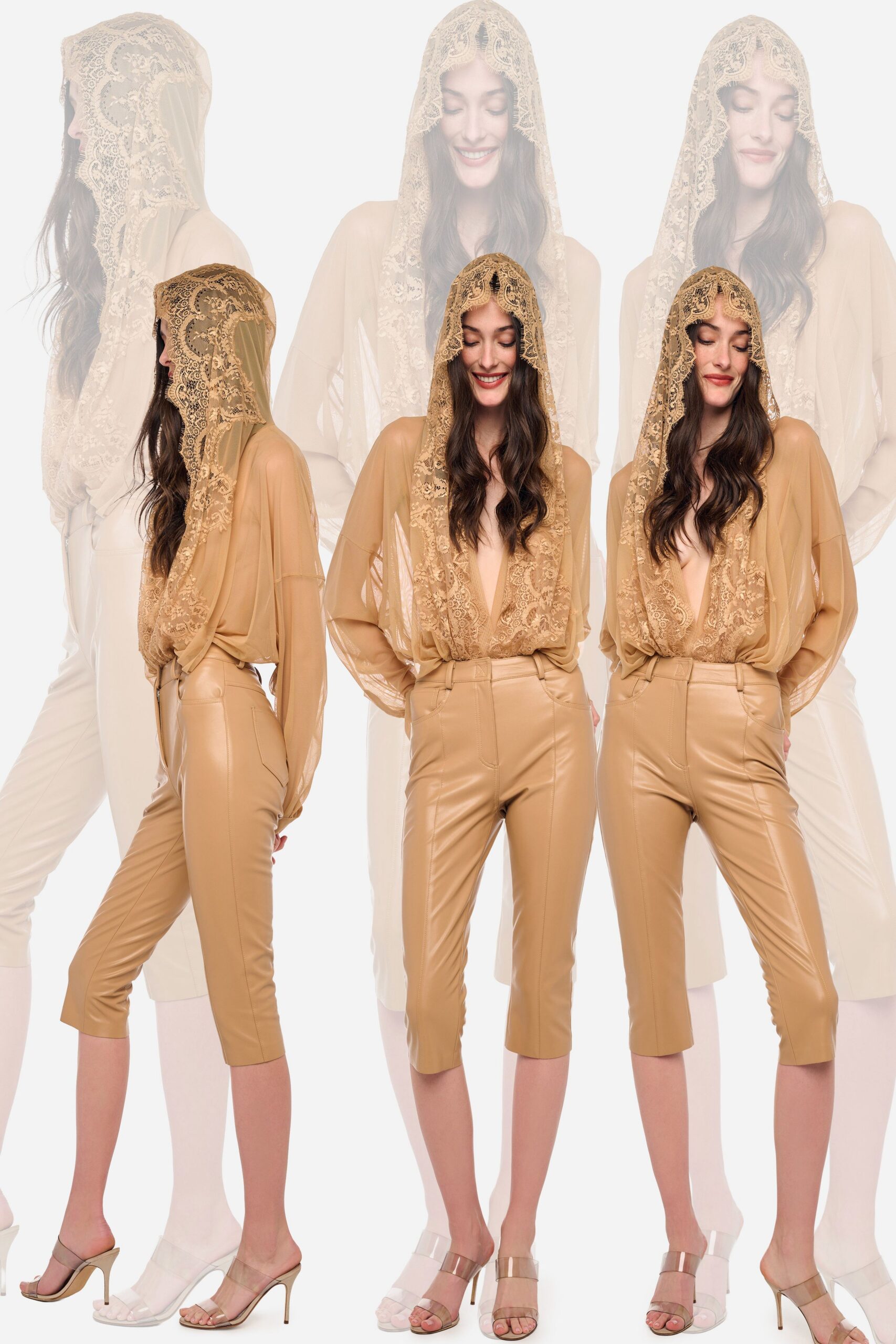 beige vinyl fitted high-waisted straight-leg shiny pants