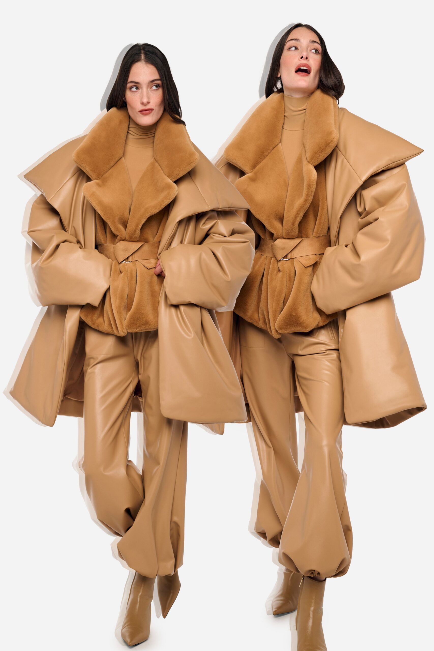 beige leather long-sleeve collared oversized belted coat