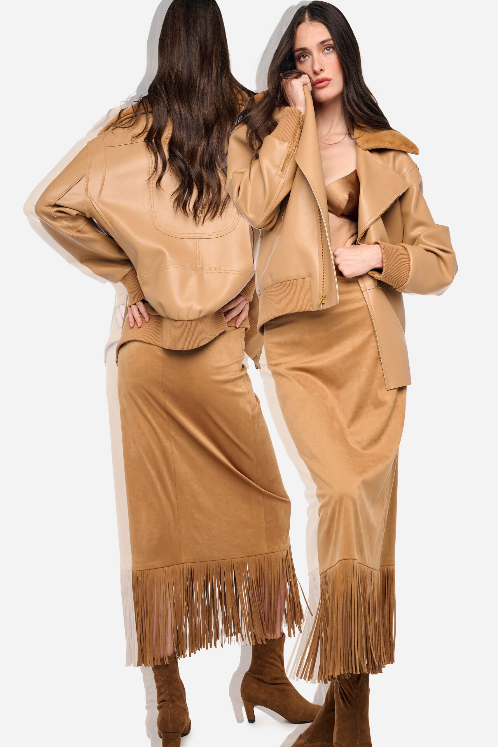 beige leather long-sleeve collared oversized zippered jacket