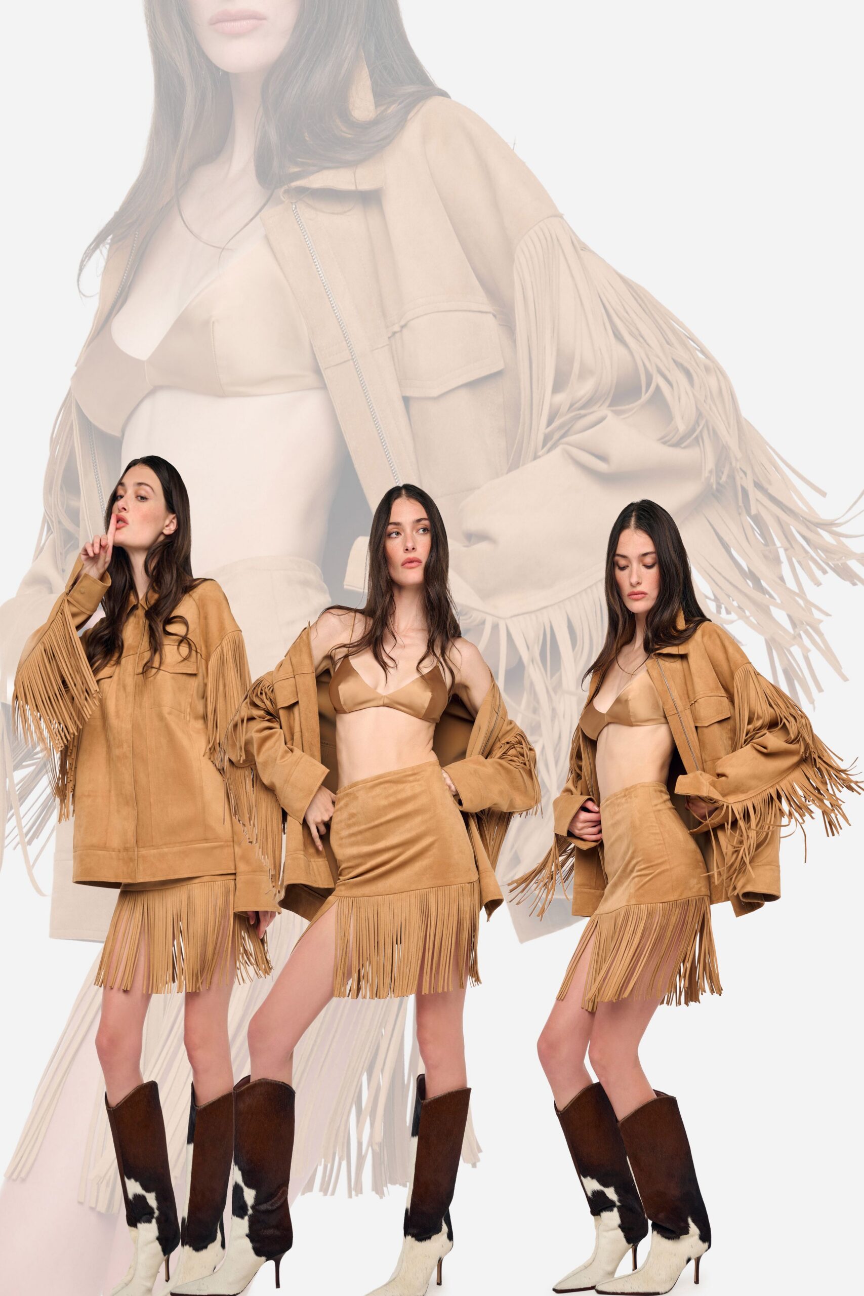 beige suede fitted fringed skirt