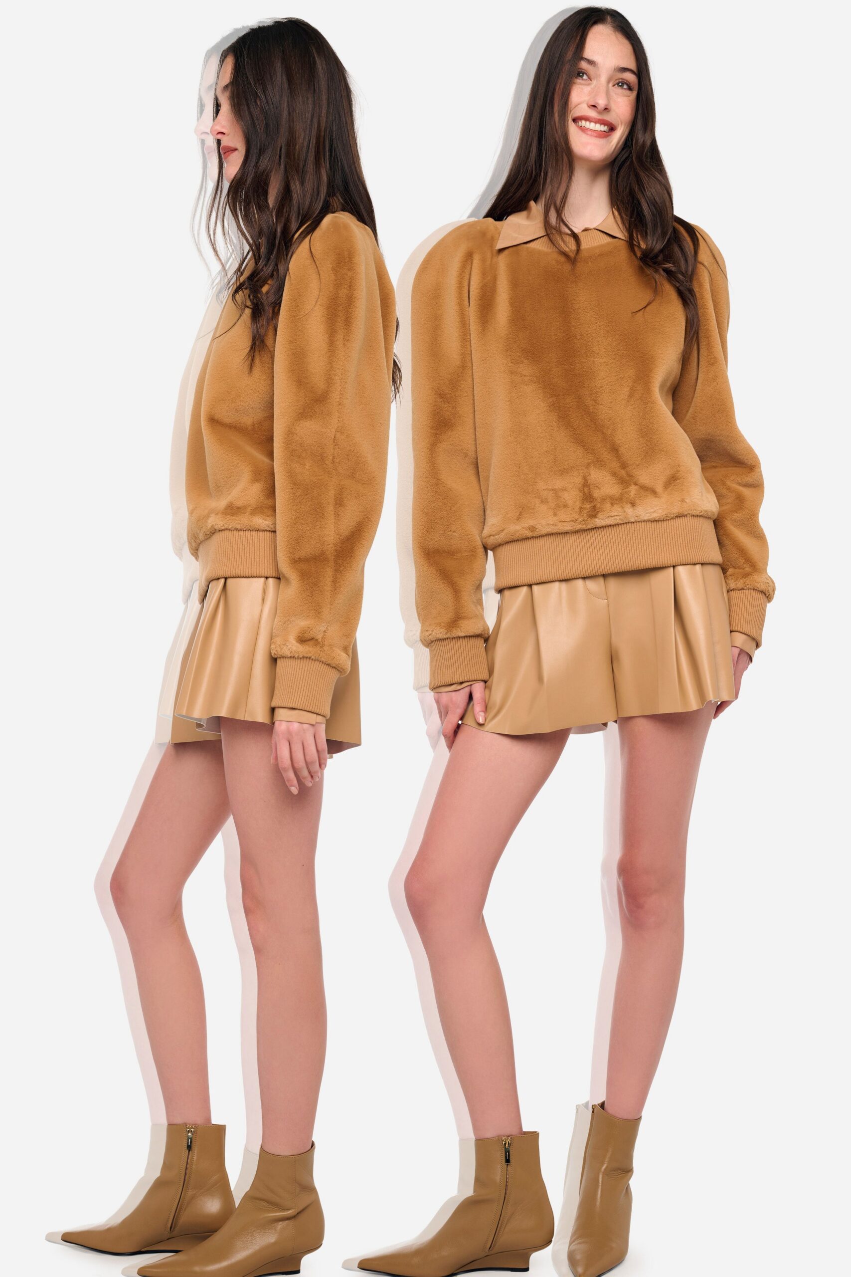 beige leather fitted pleated short skirt