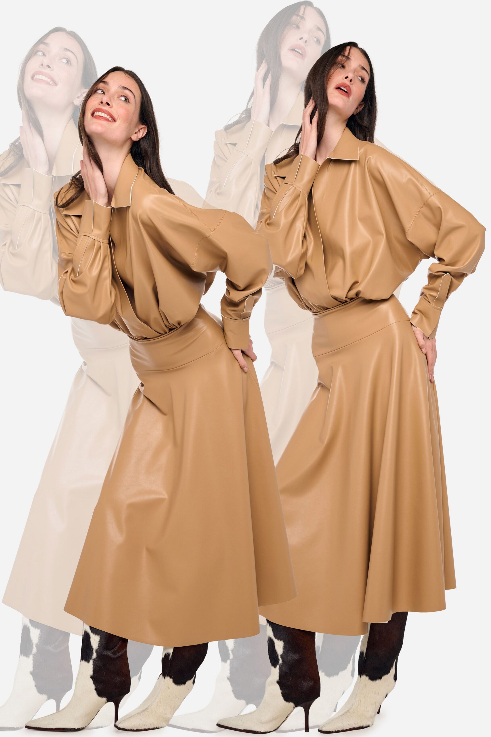 beige leather long-sleeve collared relaxed draped blouse