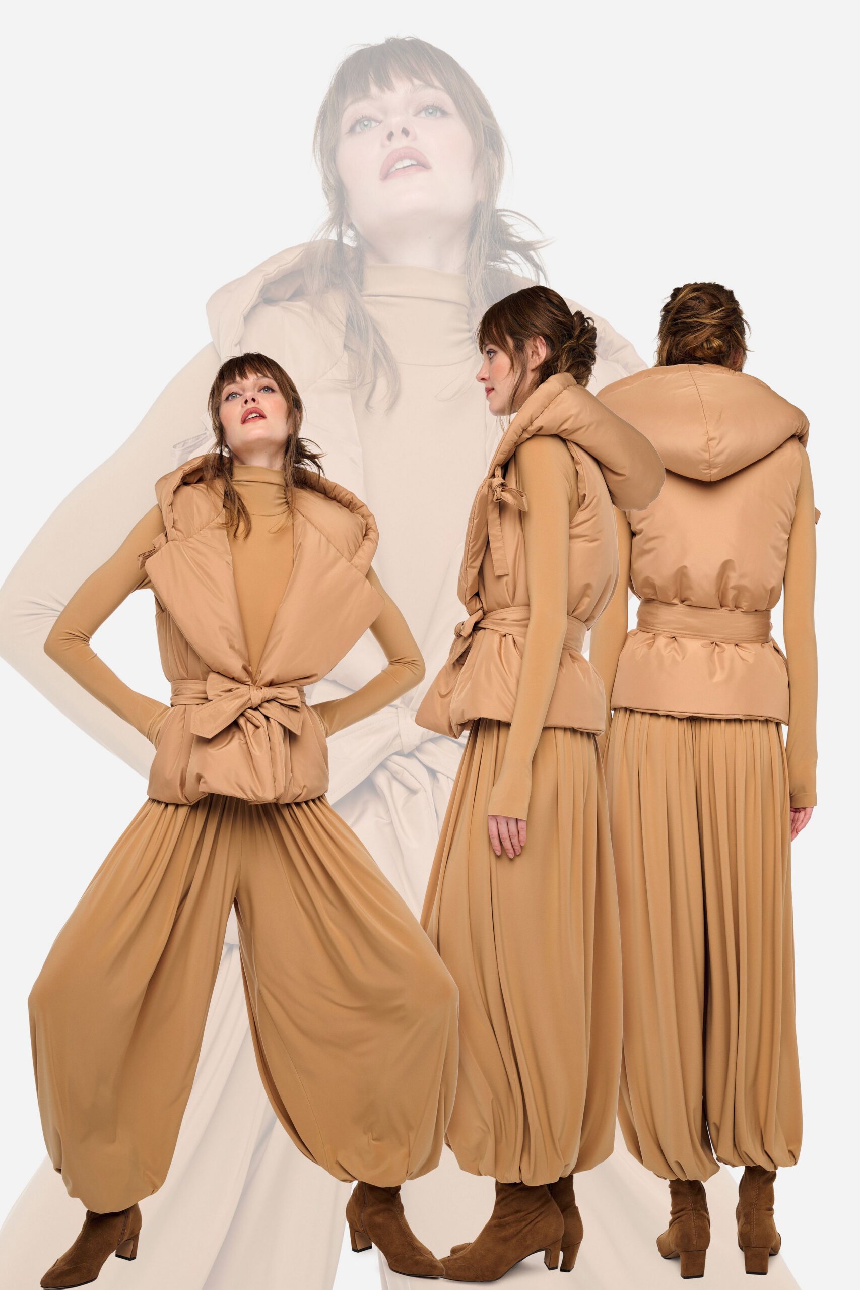 beige cotton long-sleeve hooded relaxed draped zippered jumpsuit