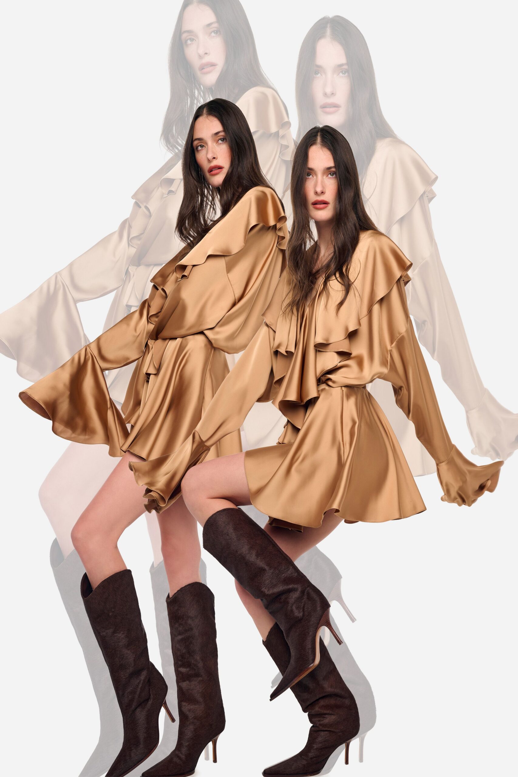 beige silk long-sleeve v-neck fitted ruffled flowing dress