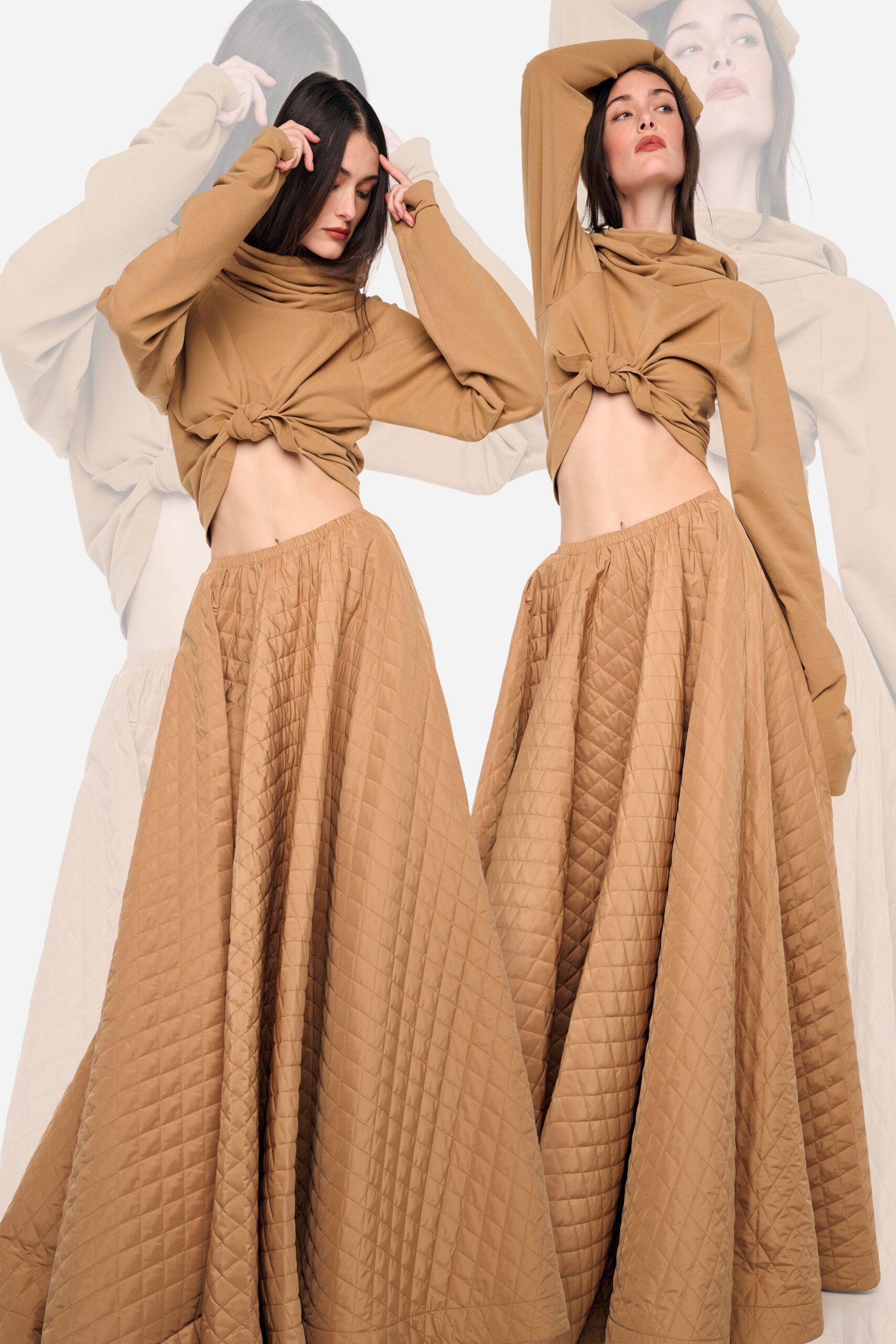 beige cotton long-sleeve high-neck fitted top