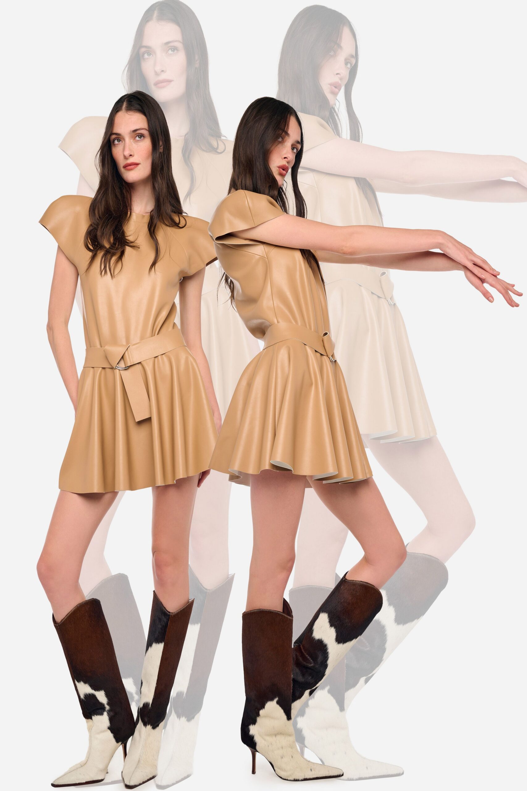 beige leather sleeveless v-neck fitted flared belted dress
