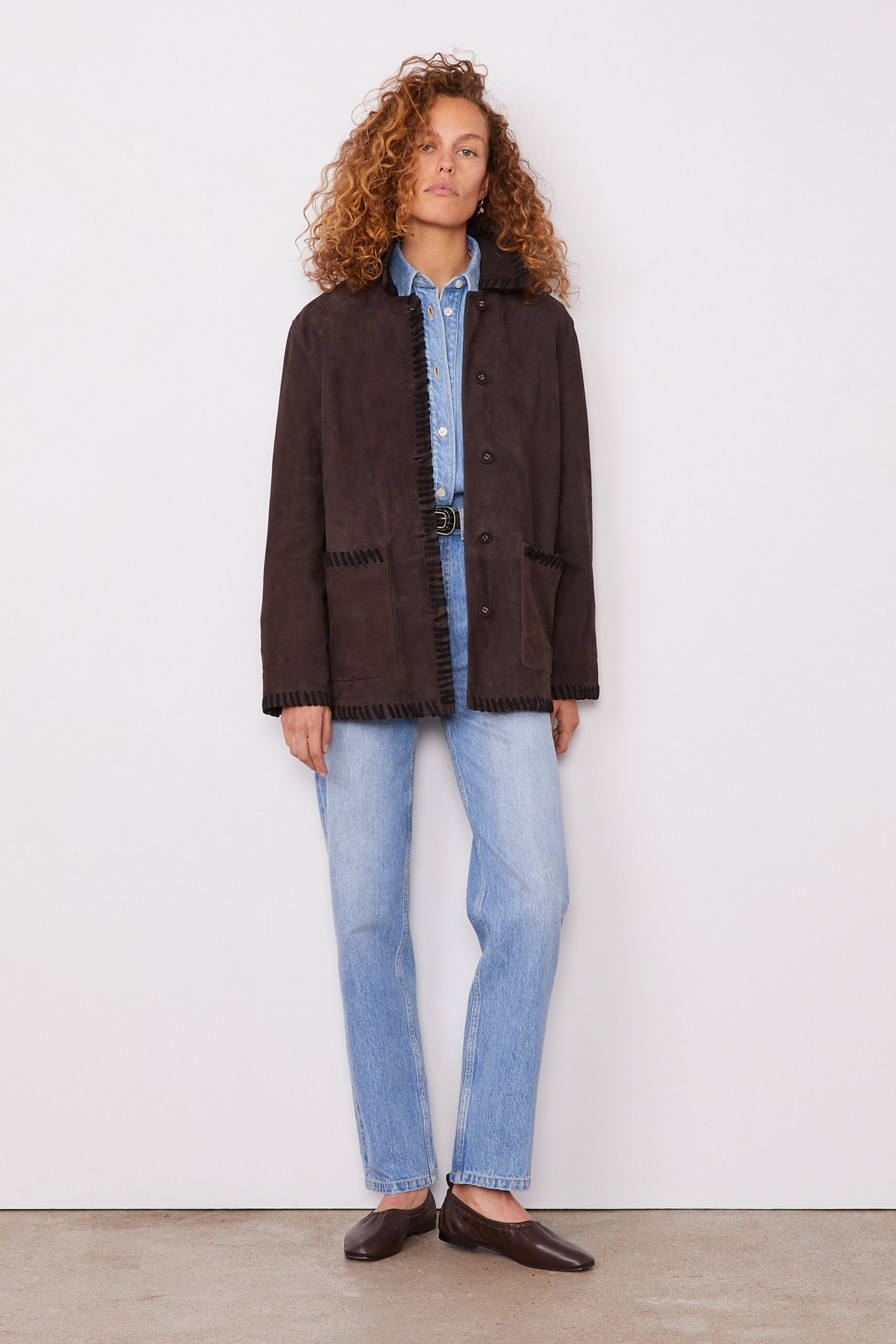 blue denim long-sleeve collared fitted shirt