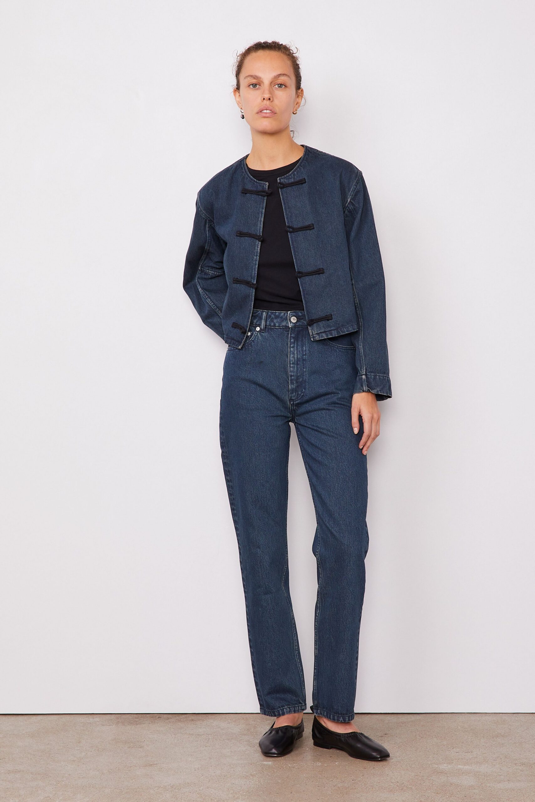blue denim slim straight-leg pants