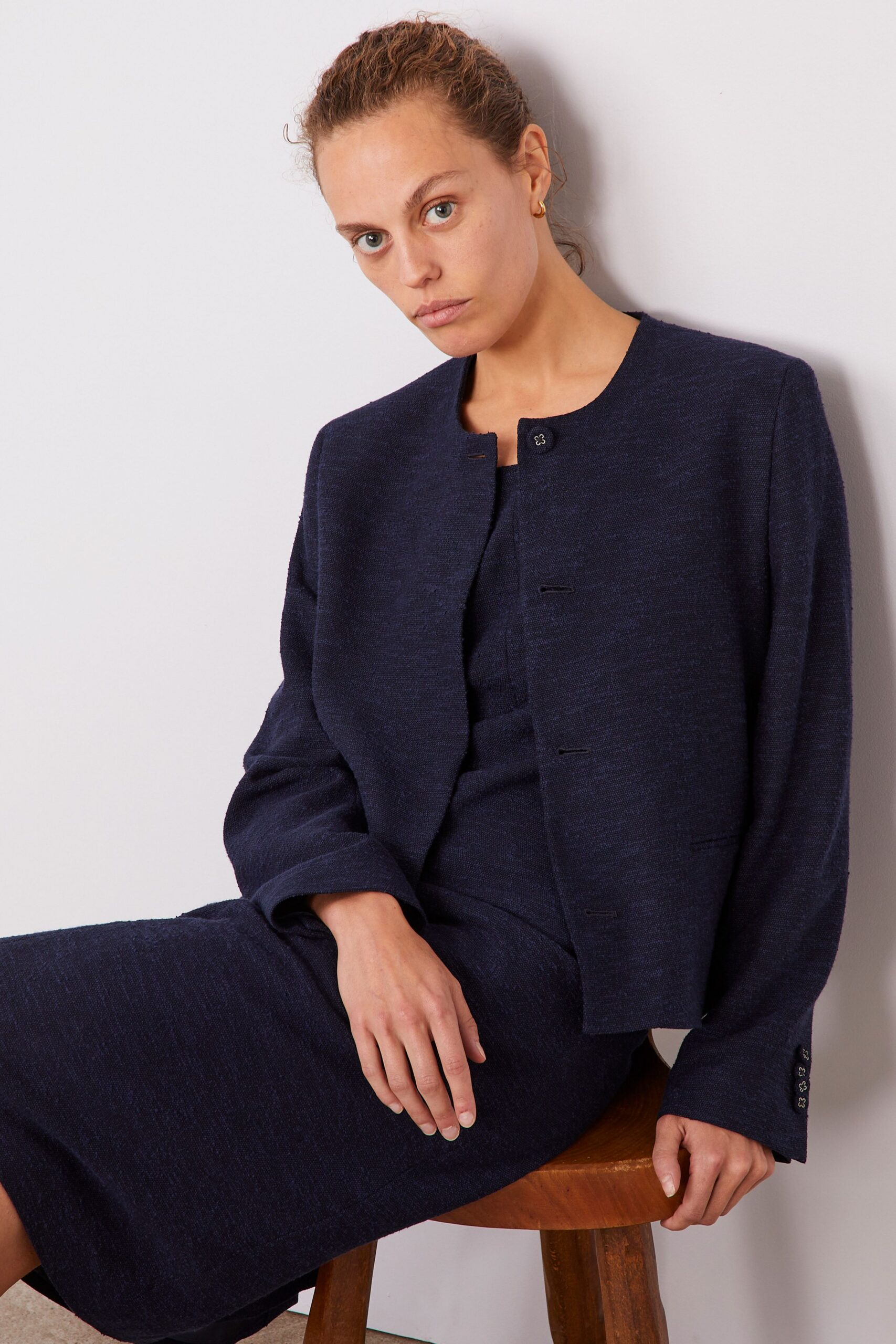 blue wool long-sleeve collared relaxed jacket