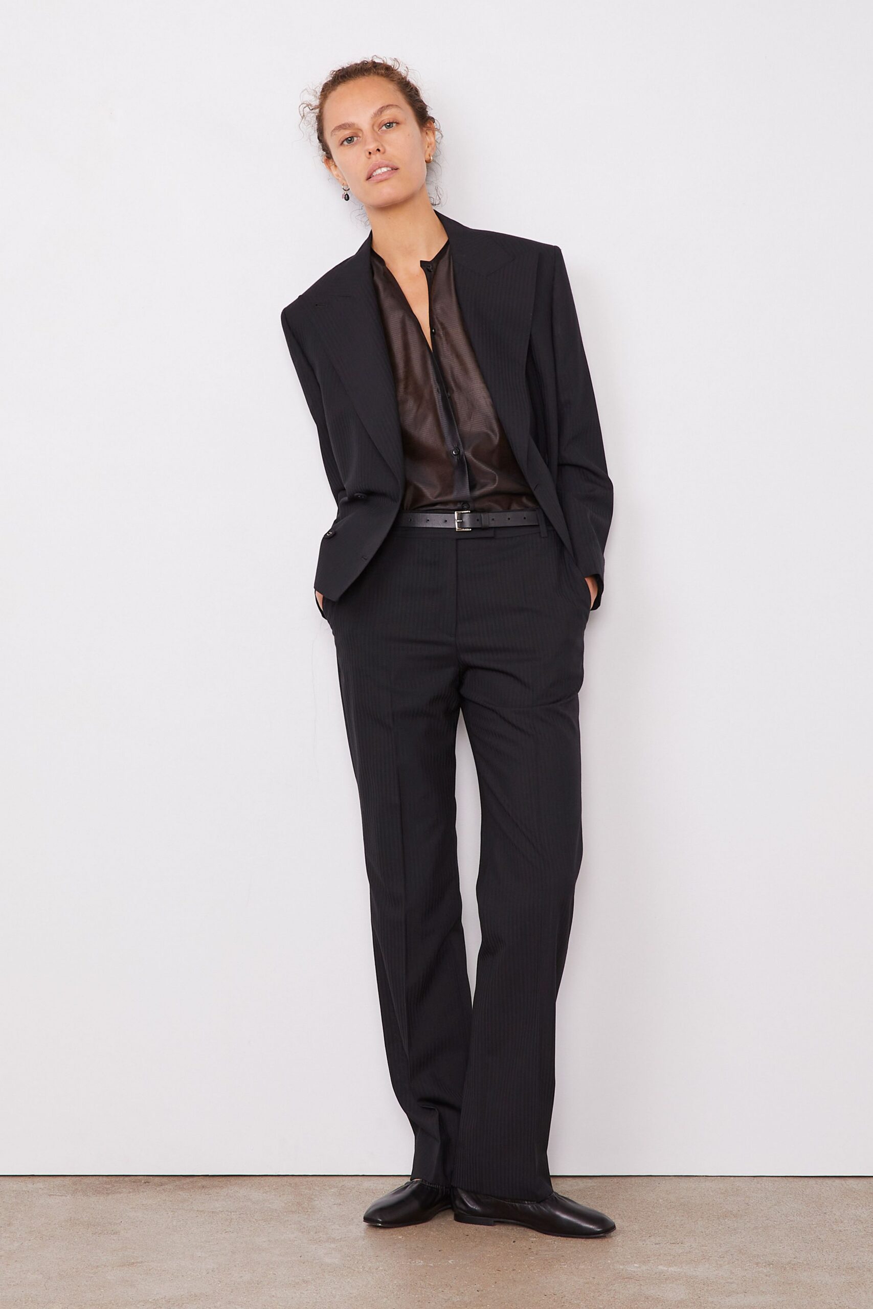 black silk long-sleeve collared relaxed shirt