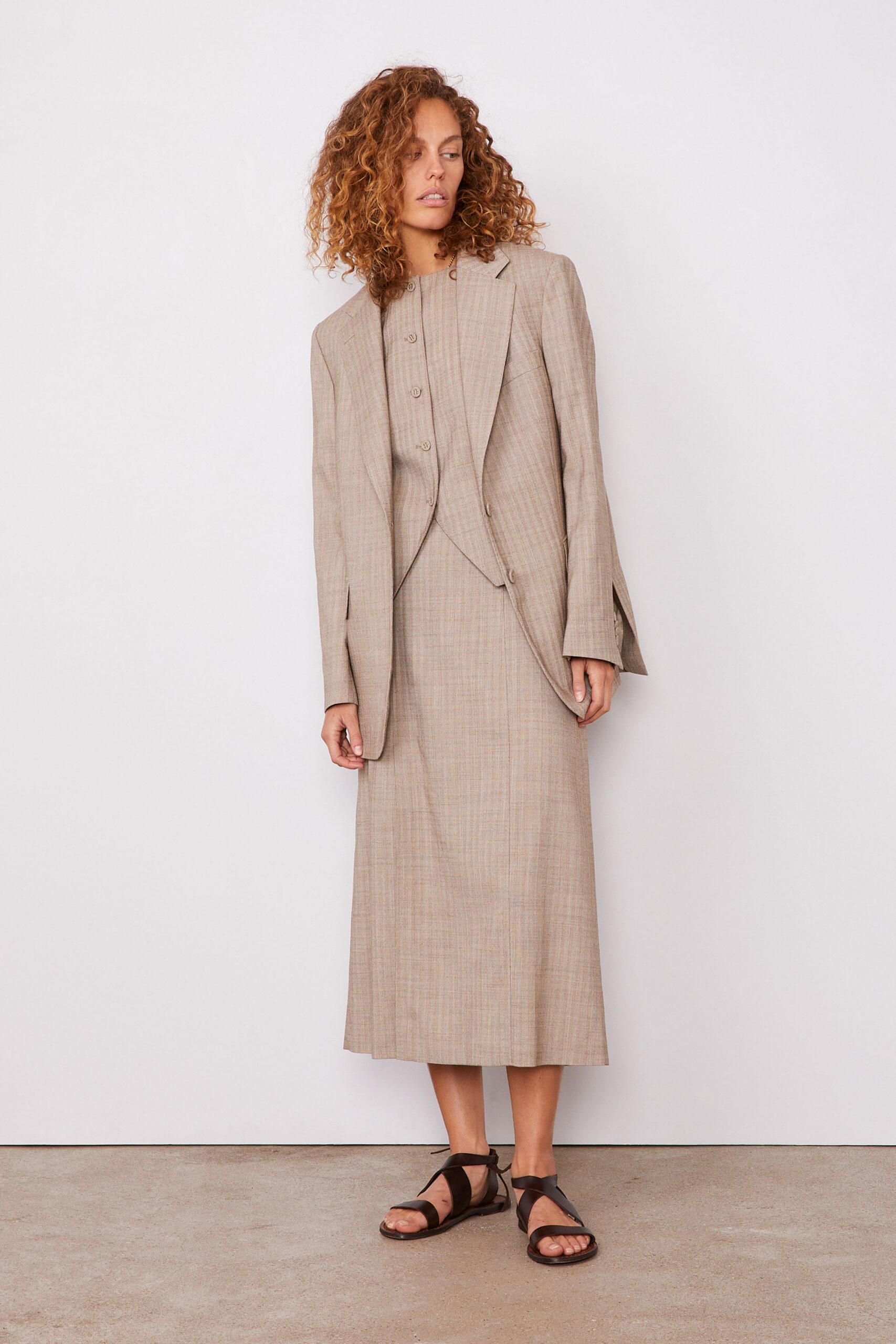 beige cotton short-sleeve collared fitted straight-leg midi dress