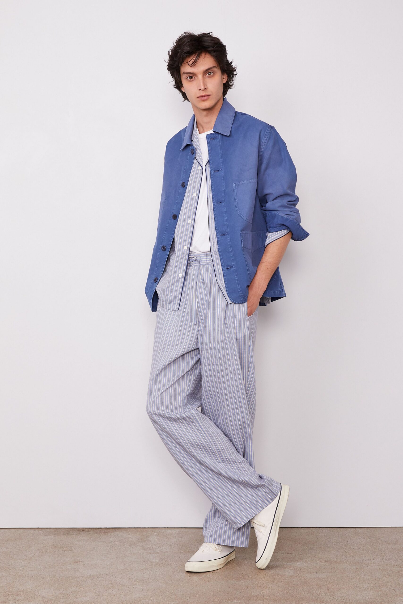 blue cotton long-sleeve collared relaxed jacket