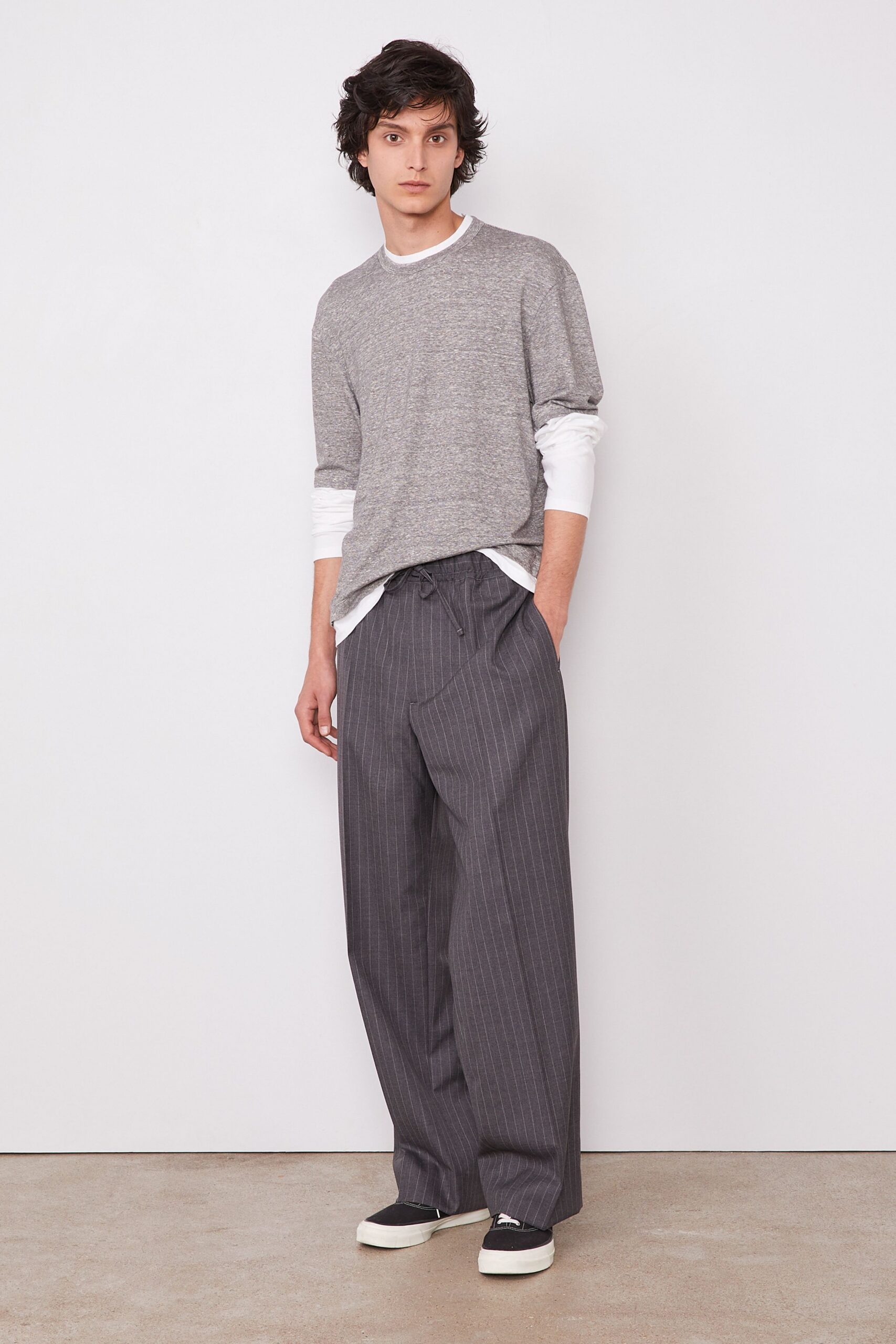 gray cotton long-sleeve collared relaxed top