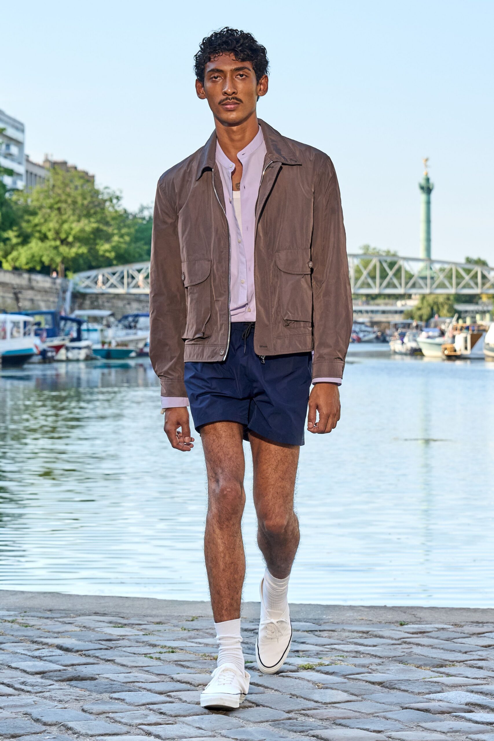 brown cotton long-sleeve collared relaxed buttoned jacket