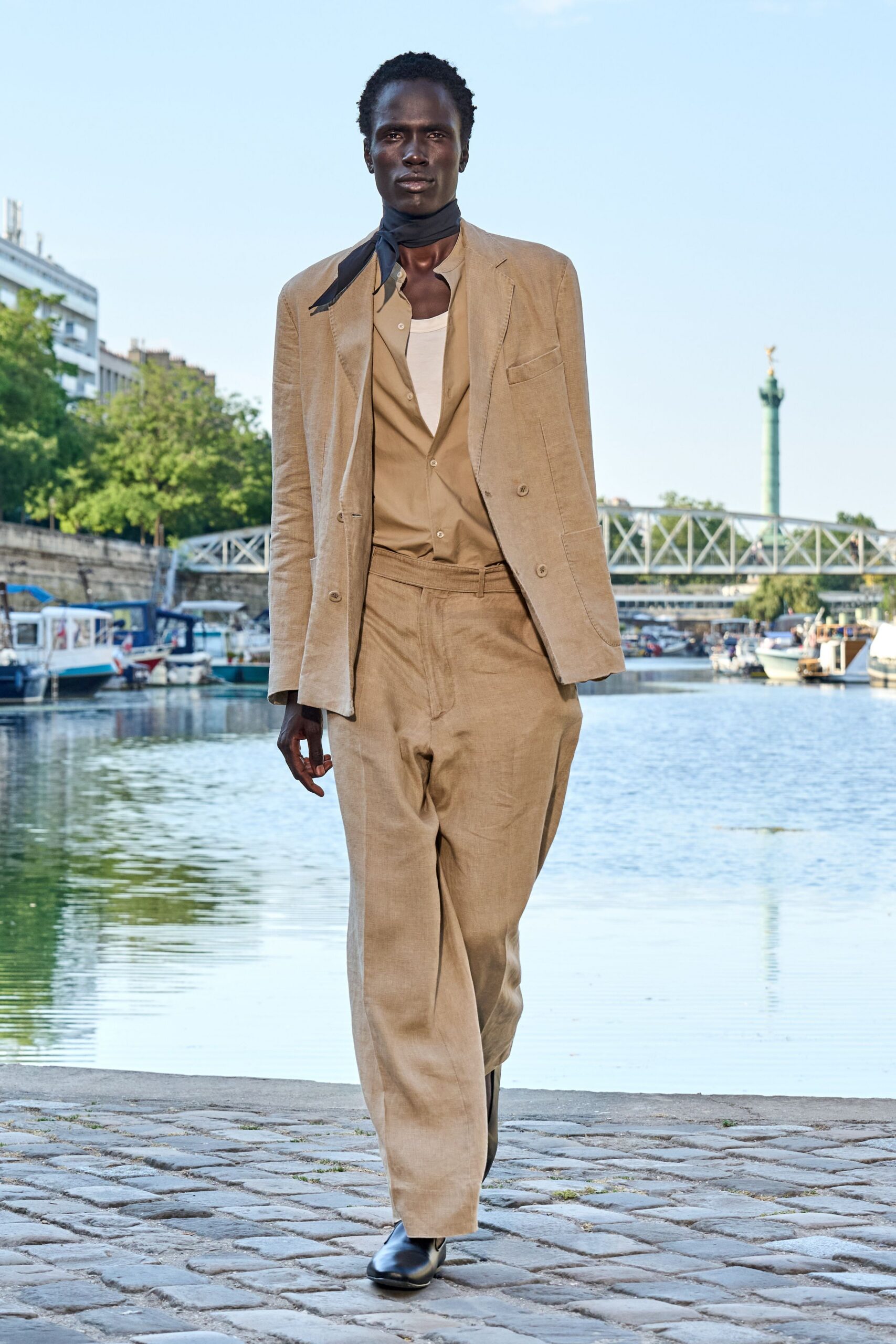 beige linen long-sleeve collared tailored buttoned suit