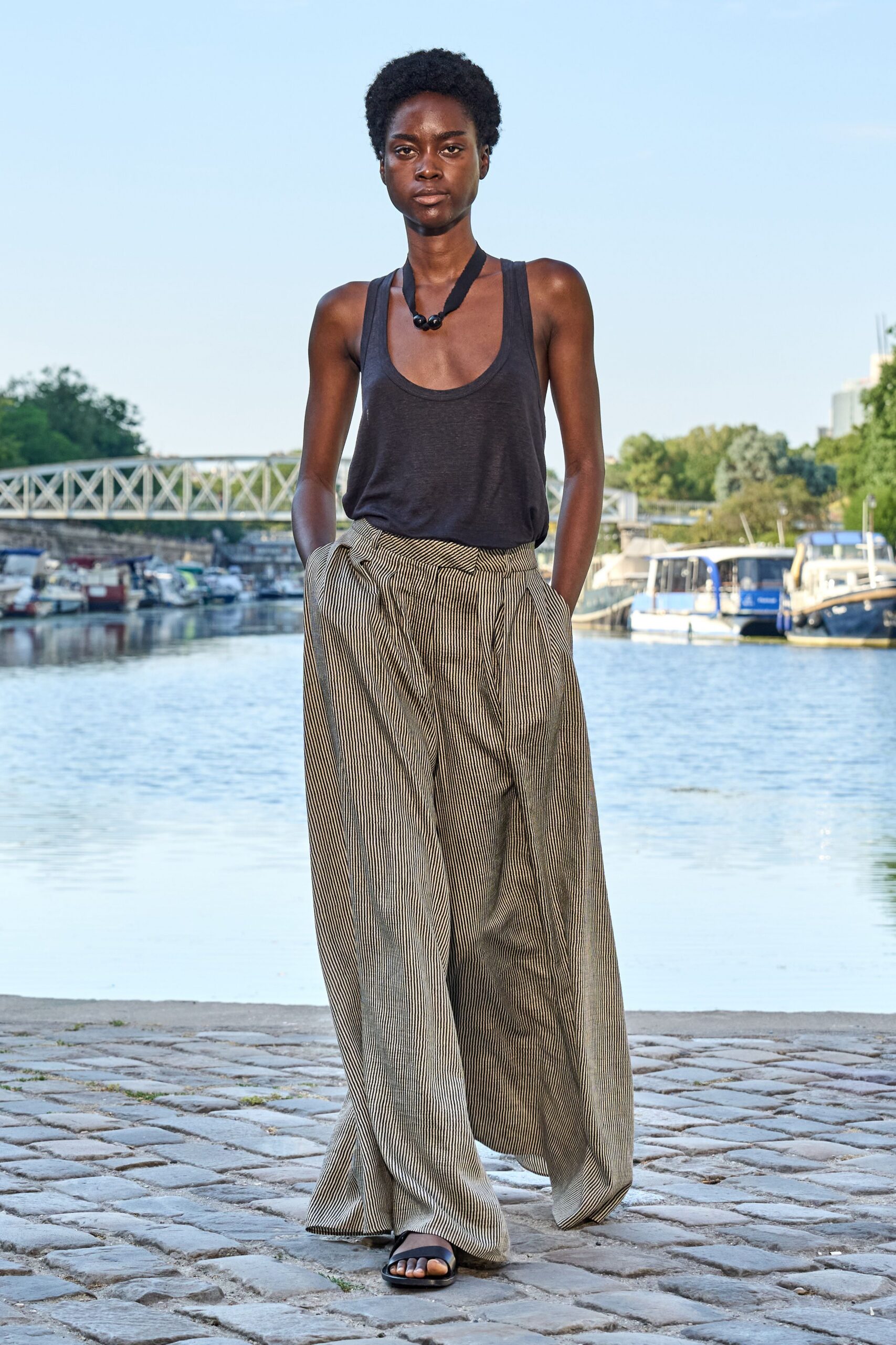 beige cotton relaxed striped wide-leg pants