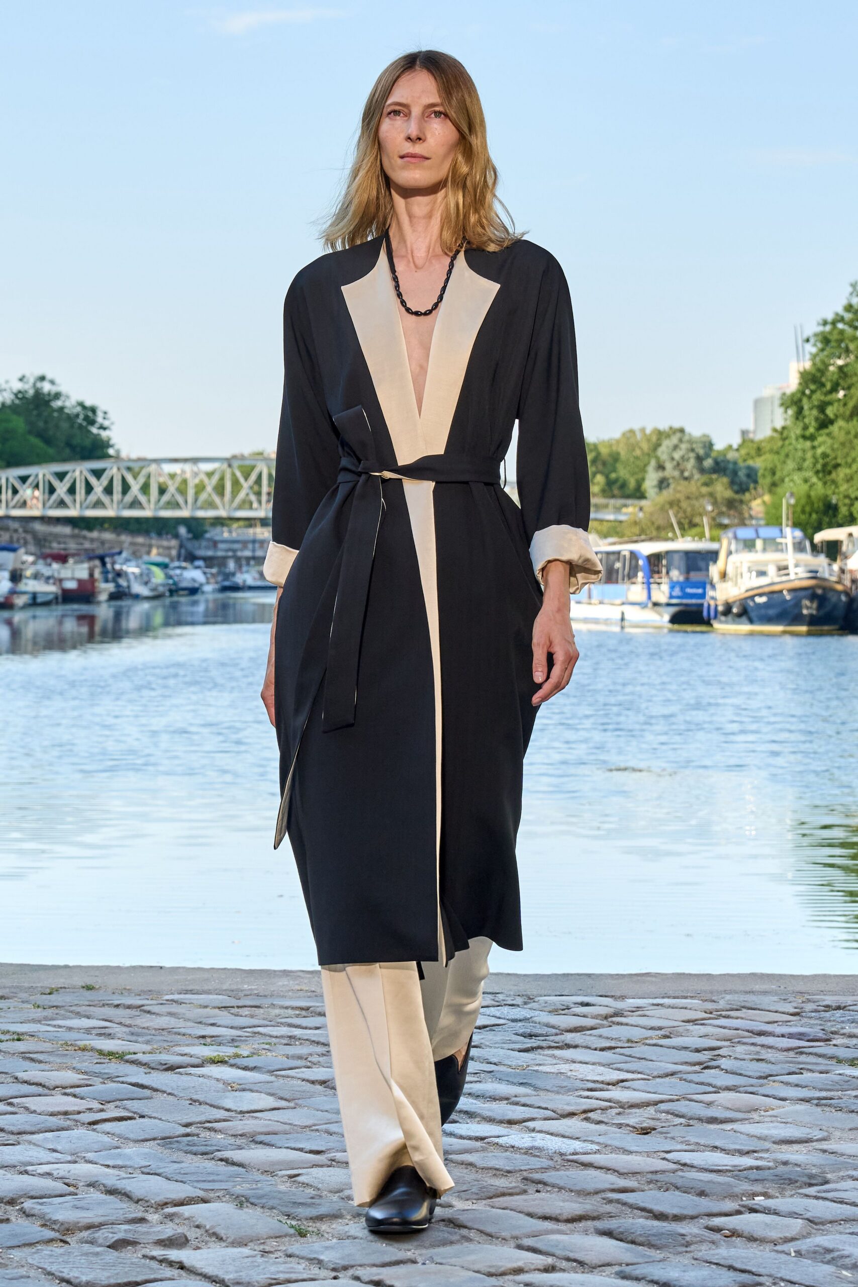 black cotton long-sleeve v-neck fitted belted layered dress