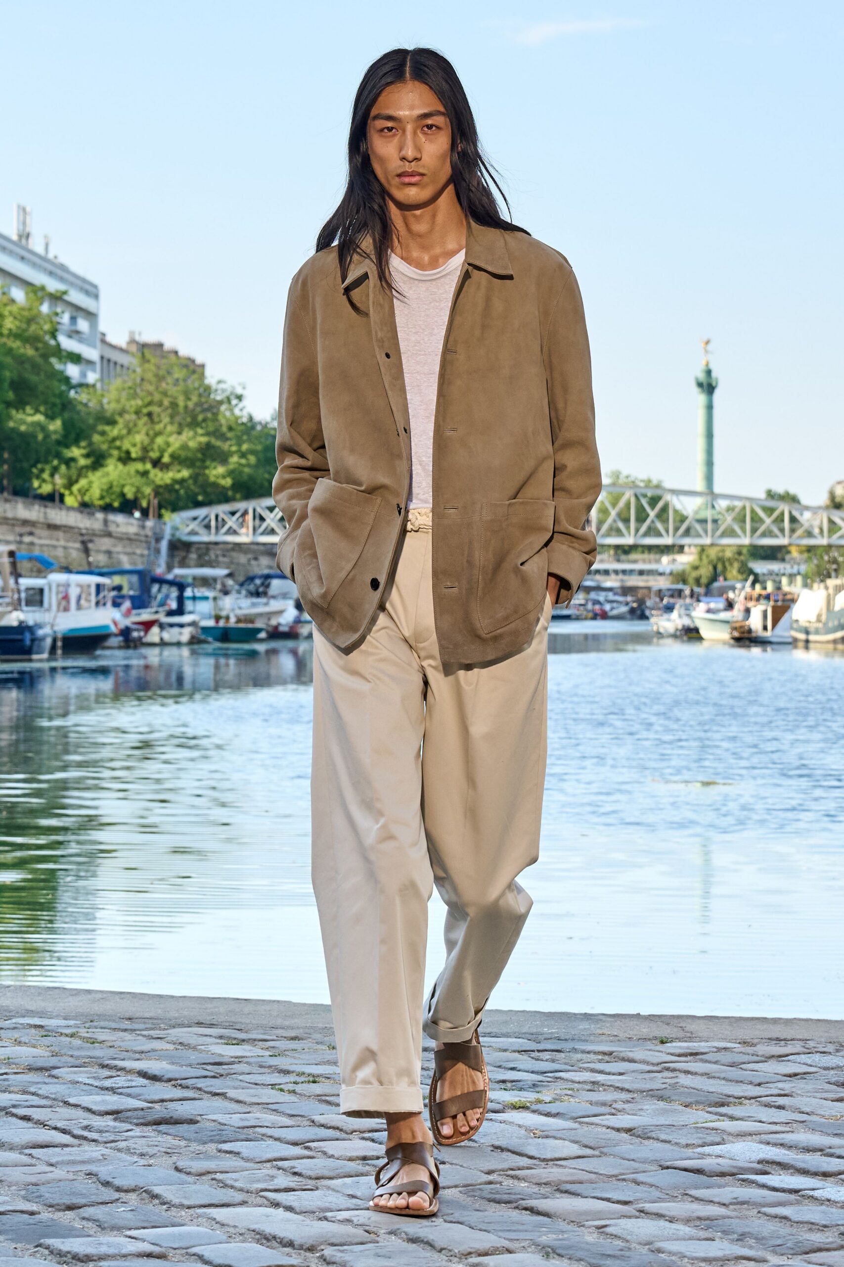 brown suede long-sleeve collared relaxed jacket
