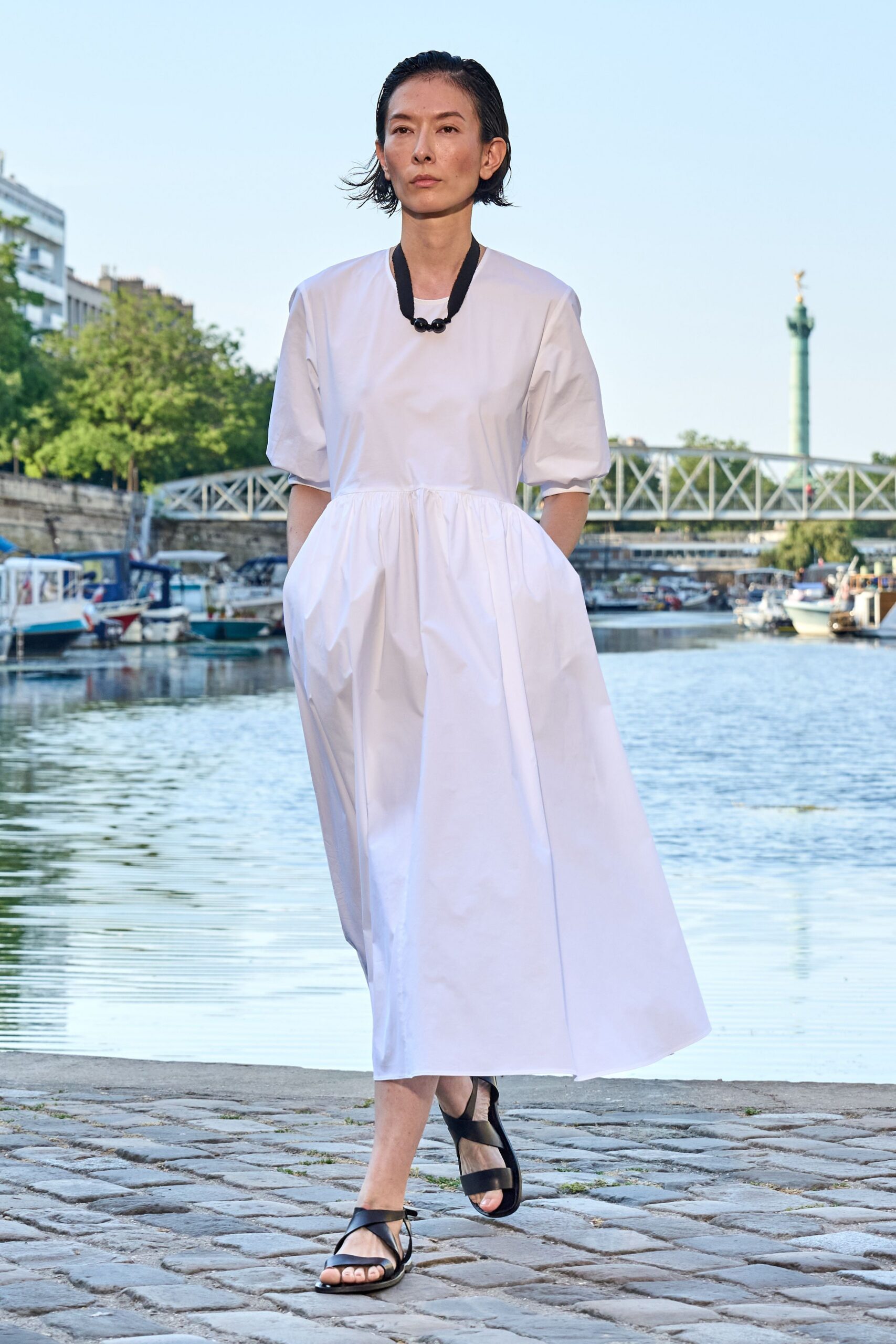 white cotton short-sleeve collared relaxed pleated midi dress
