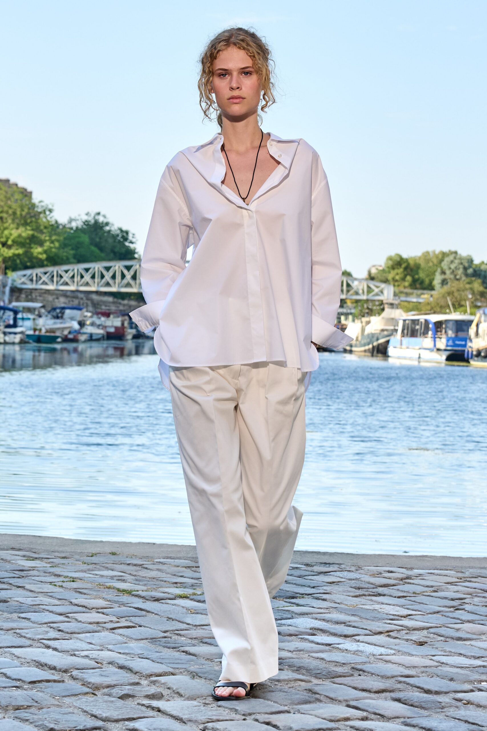 white cotton long-sleeve collared oversized shirt