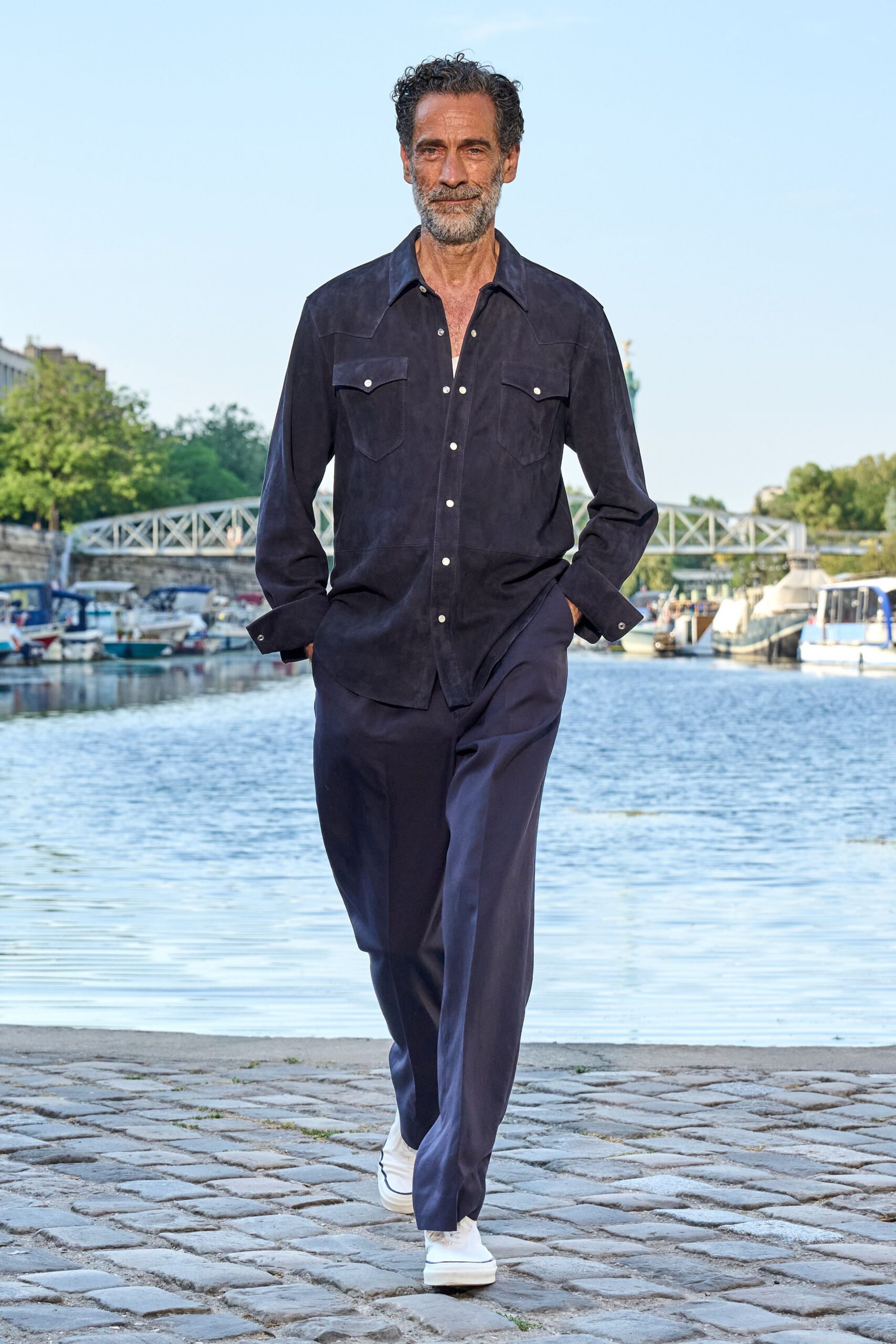 blue suede long-sleeve collared relaxed buttoned shirt