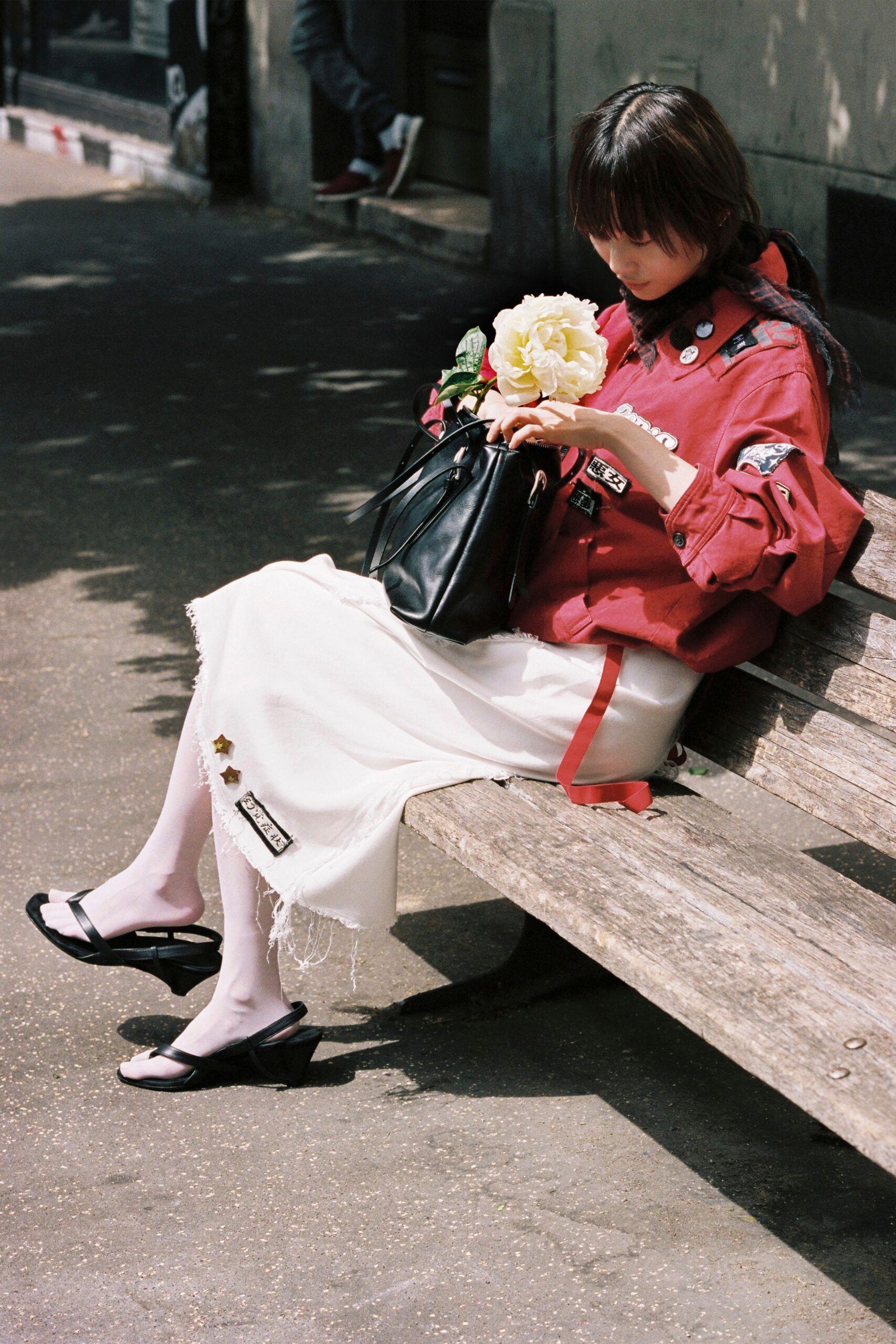 red cotton long-sleeve collared relaxed buttoned jacket