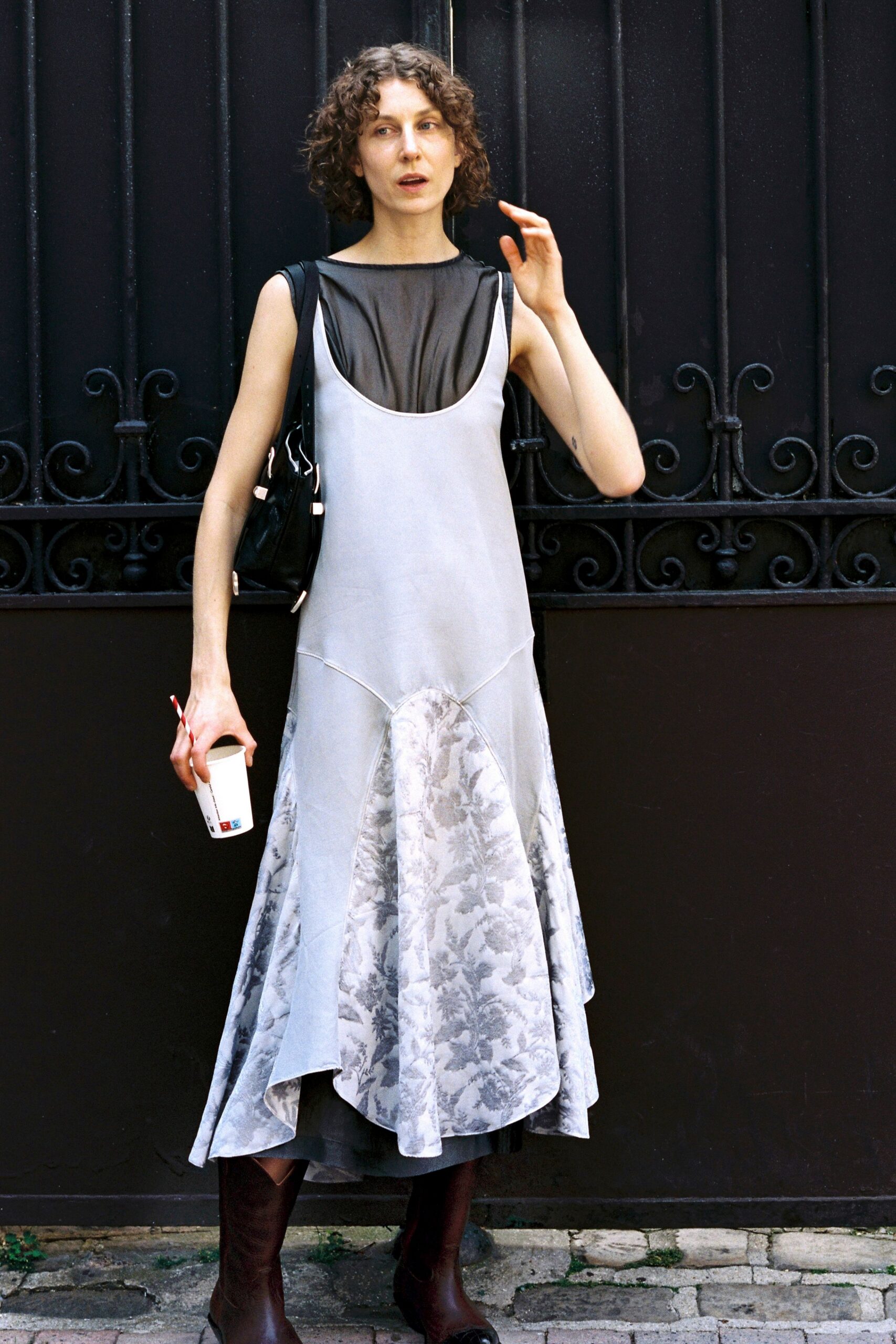 gray cotton sleeveless v-neck fitted layered flared dress