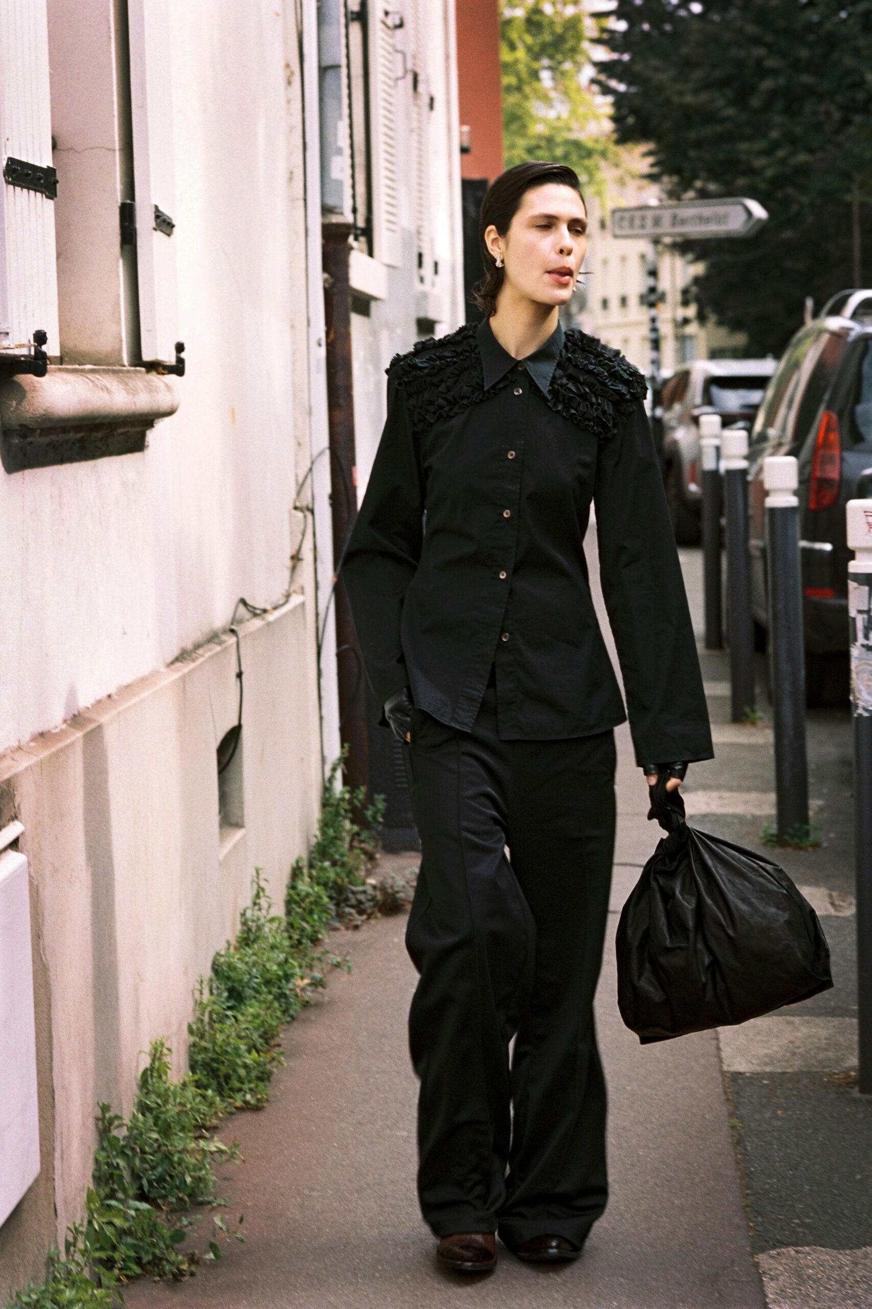 black cotton long-sleeve collared relaxed buttoned ruffled shirt