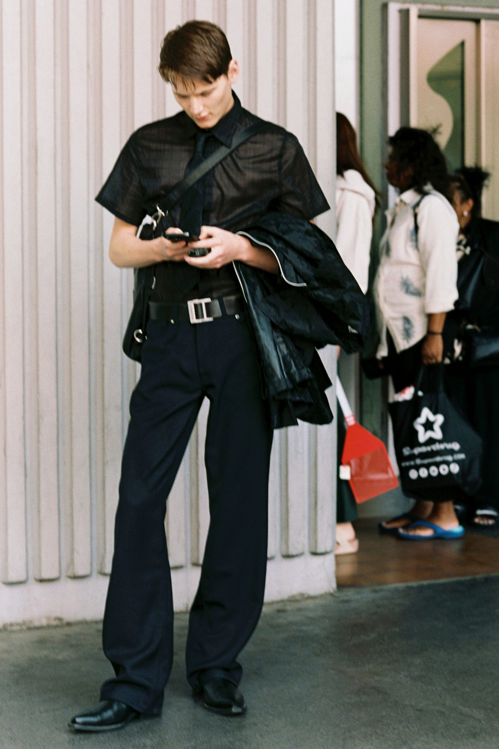 black cotton short-sleeve collared fitted sheer shirt