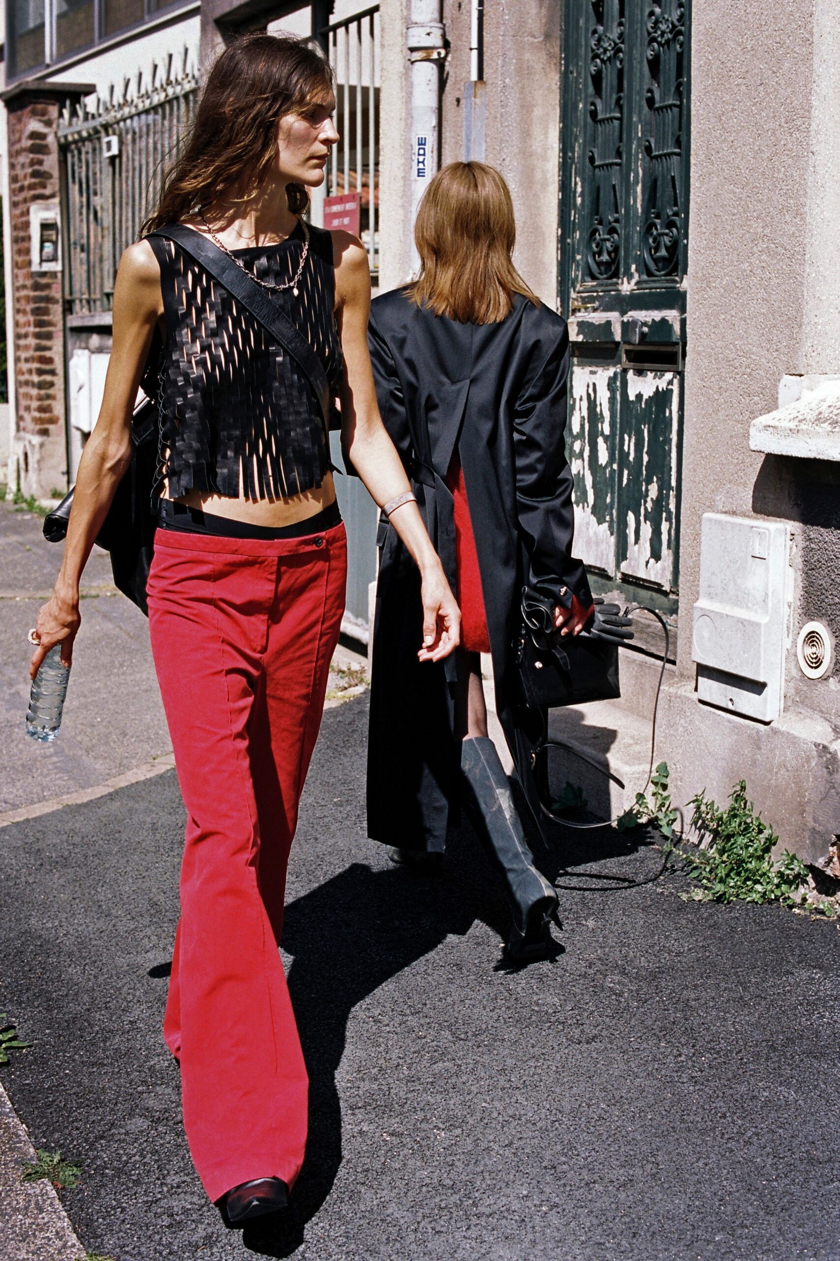 red cotton fitted flared pants