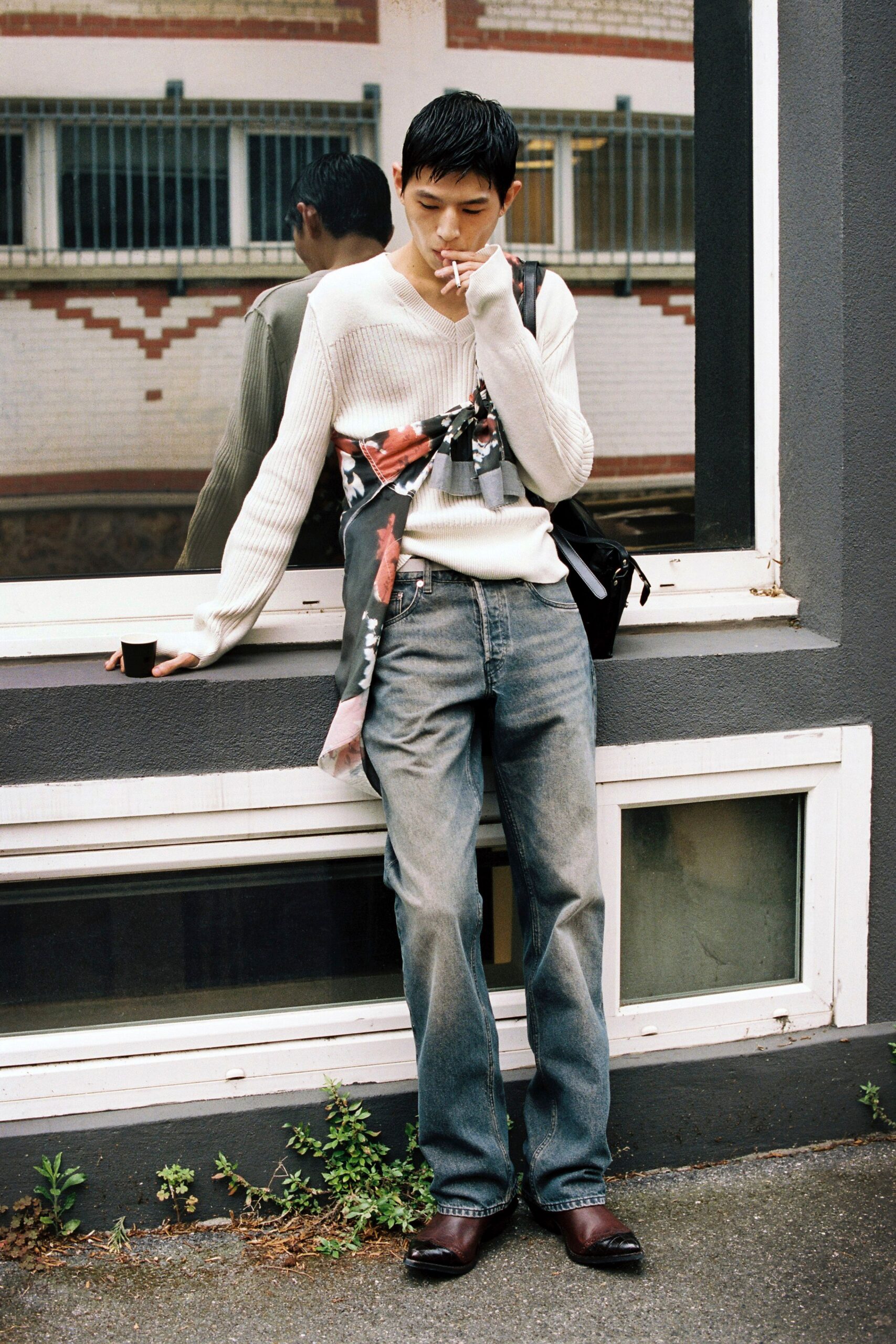 blue denim relaxed straight-leg pants