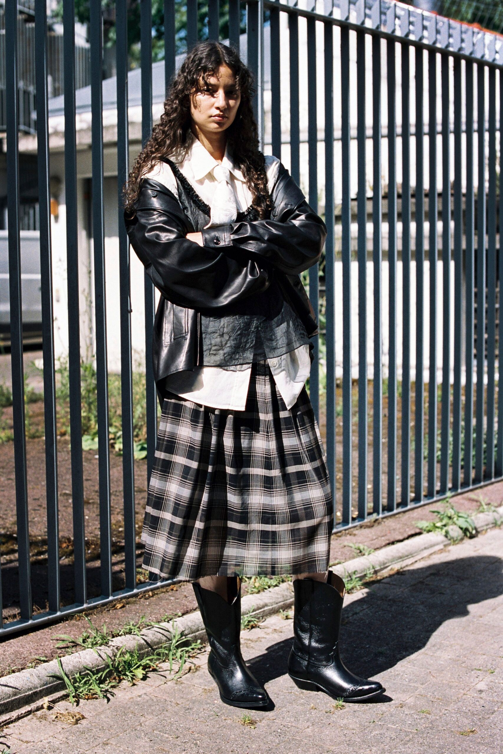 black leather long-sleeve oversized jacket