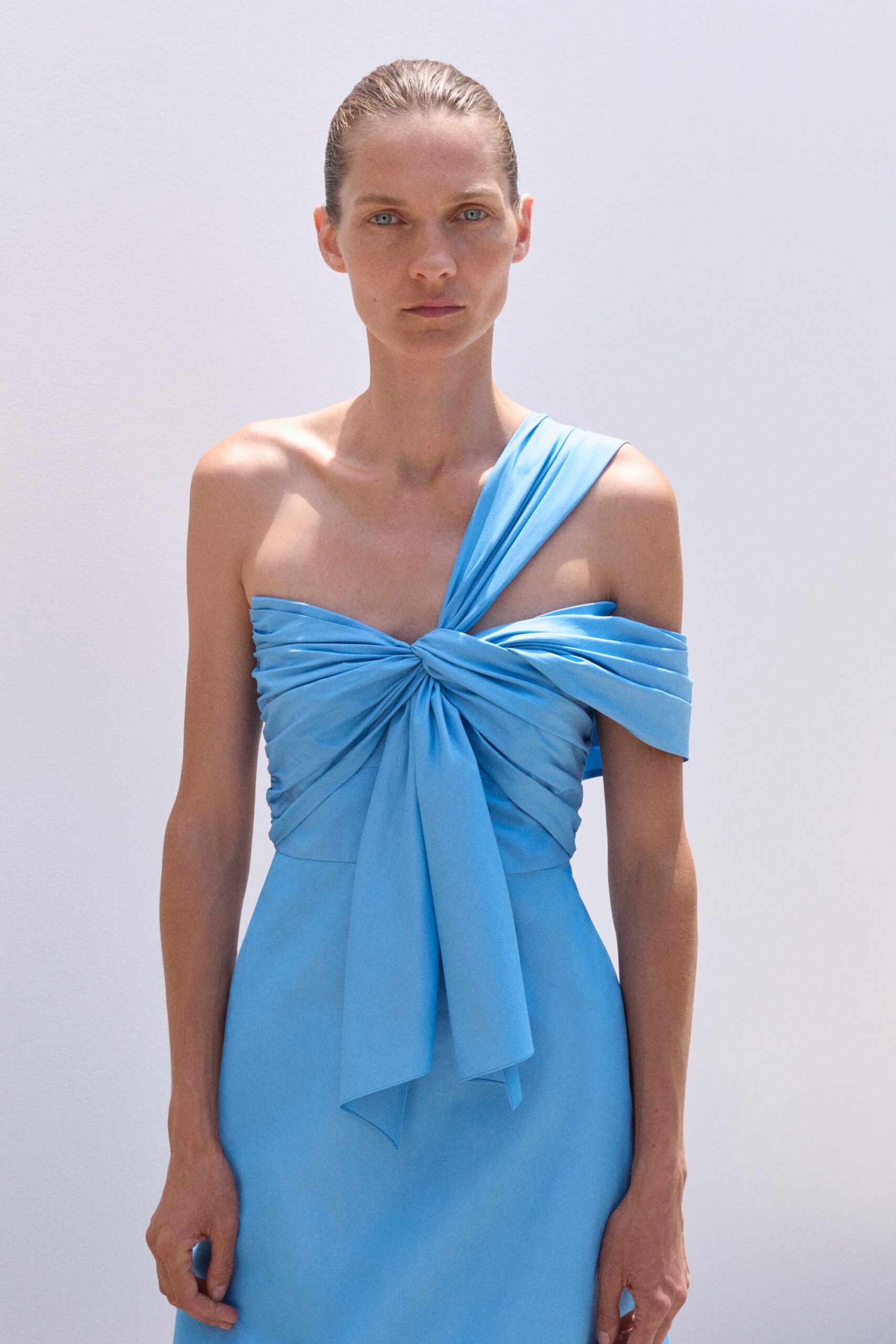 blue silk off-shoulder gown