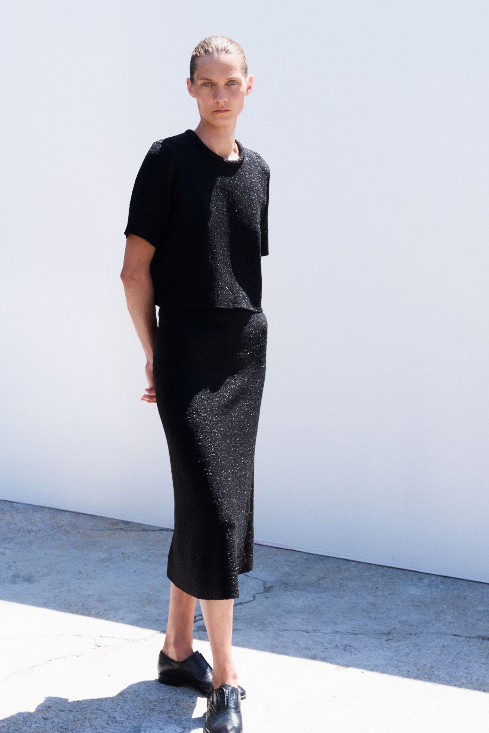 black cotton slit fitted straight-leg midi skirt