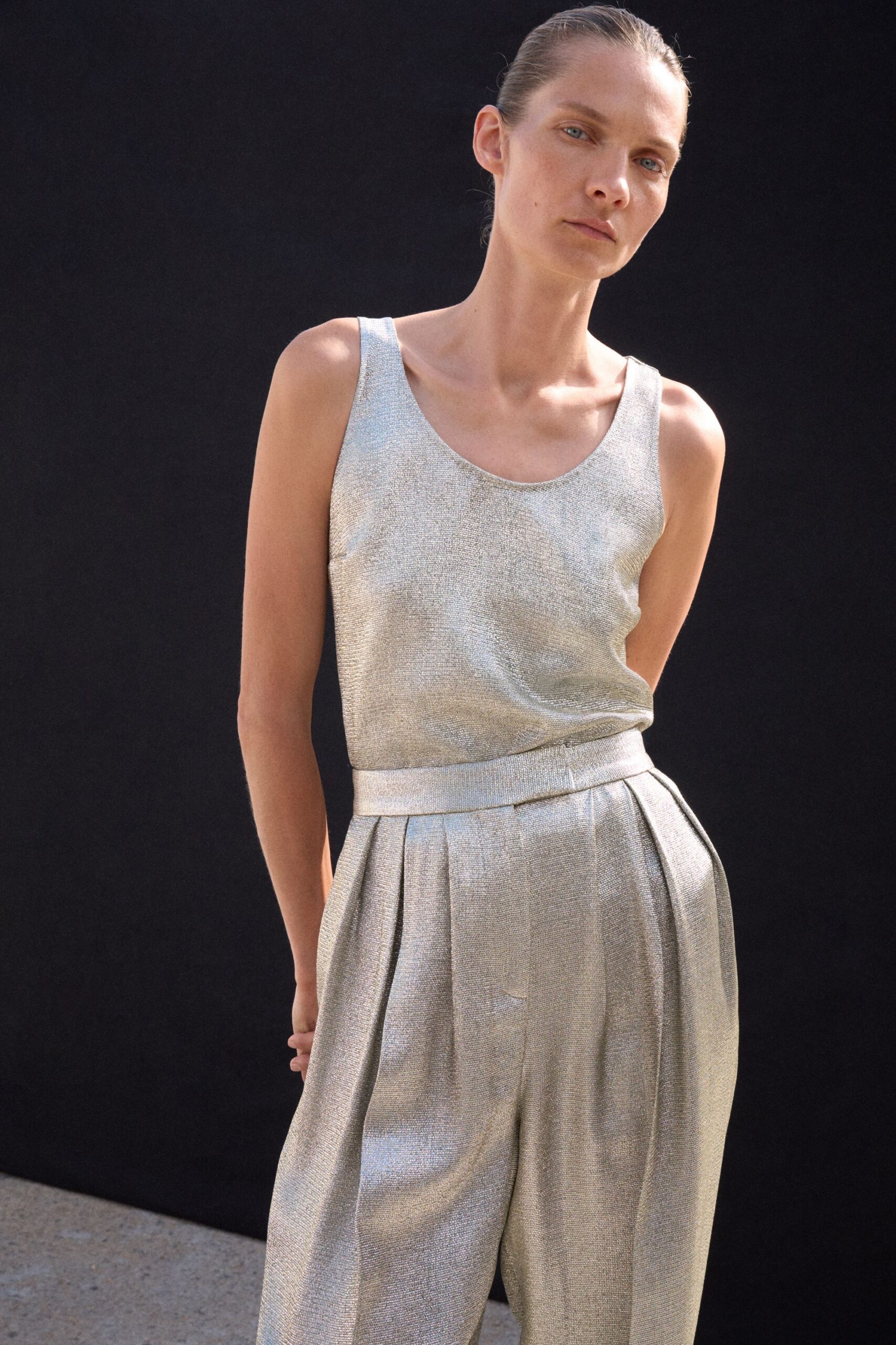 gray metallic relaxed pleated shiny pants