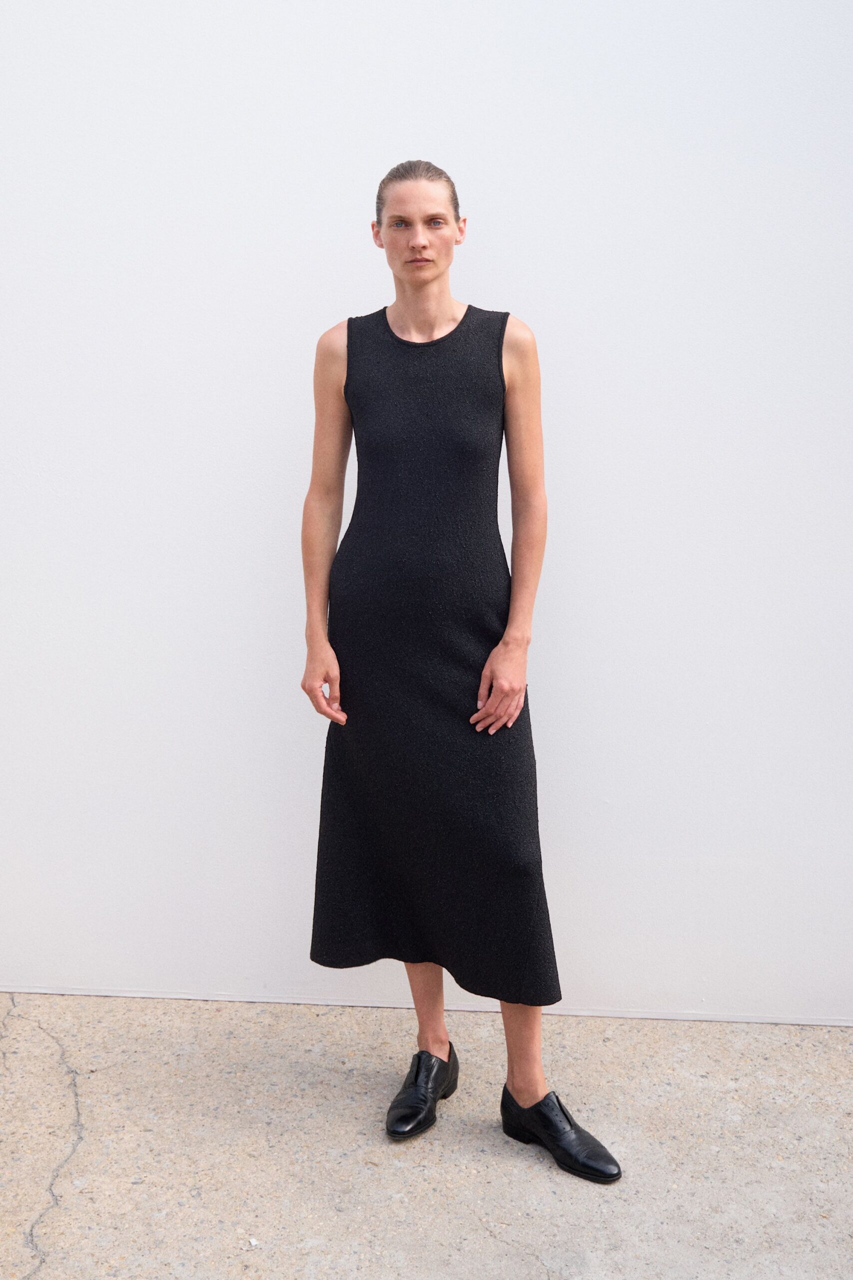 black cotton sleeveless high-neck fitted straight-leg midi dress