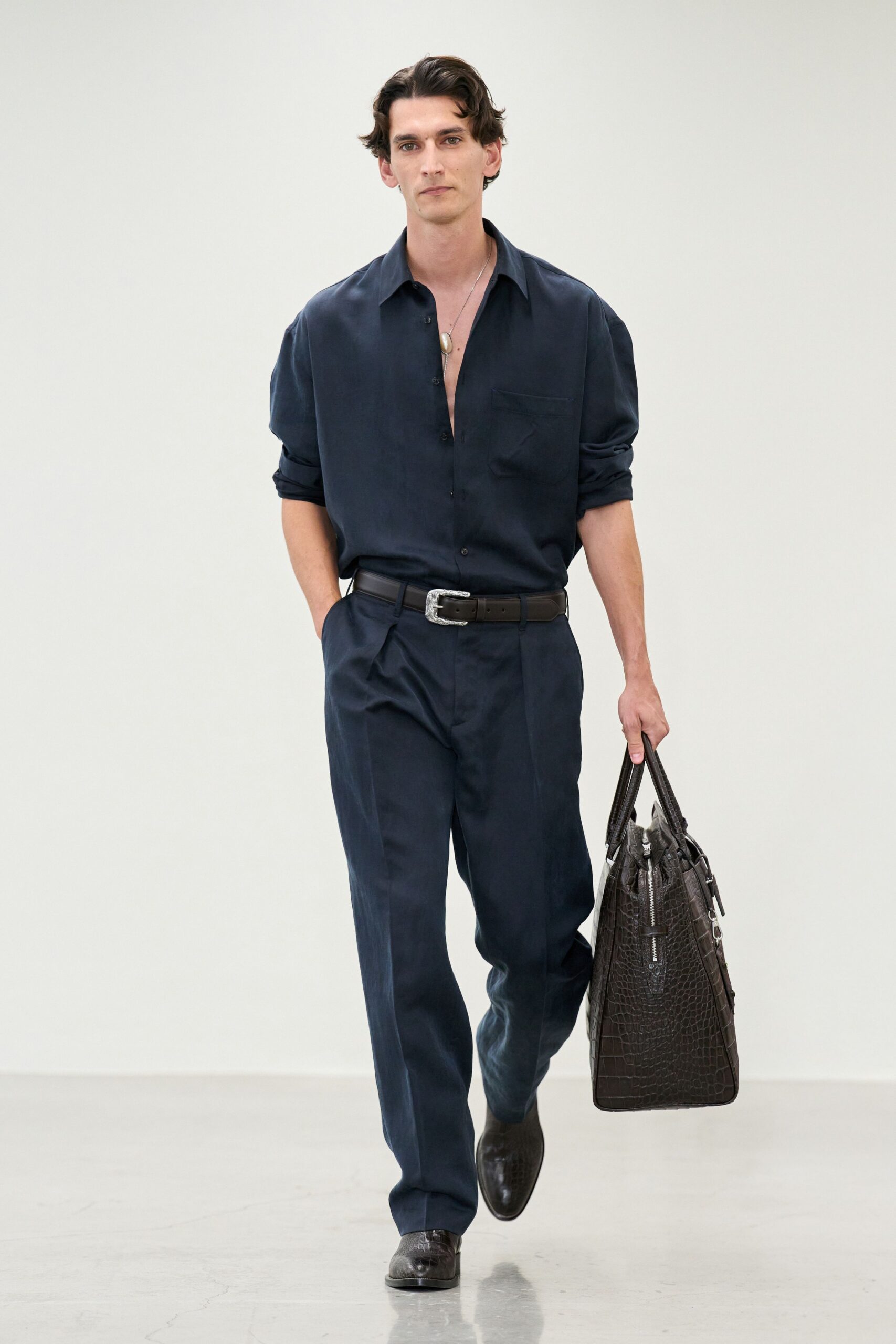 blue cotton tailored straight-leg pants