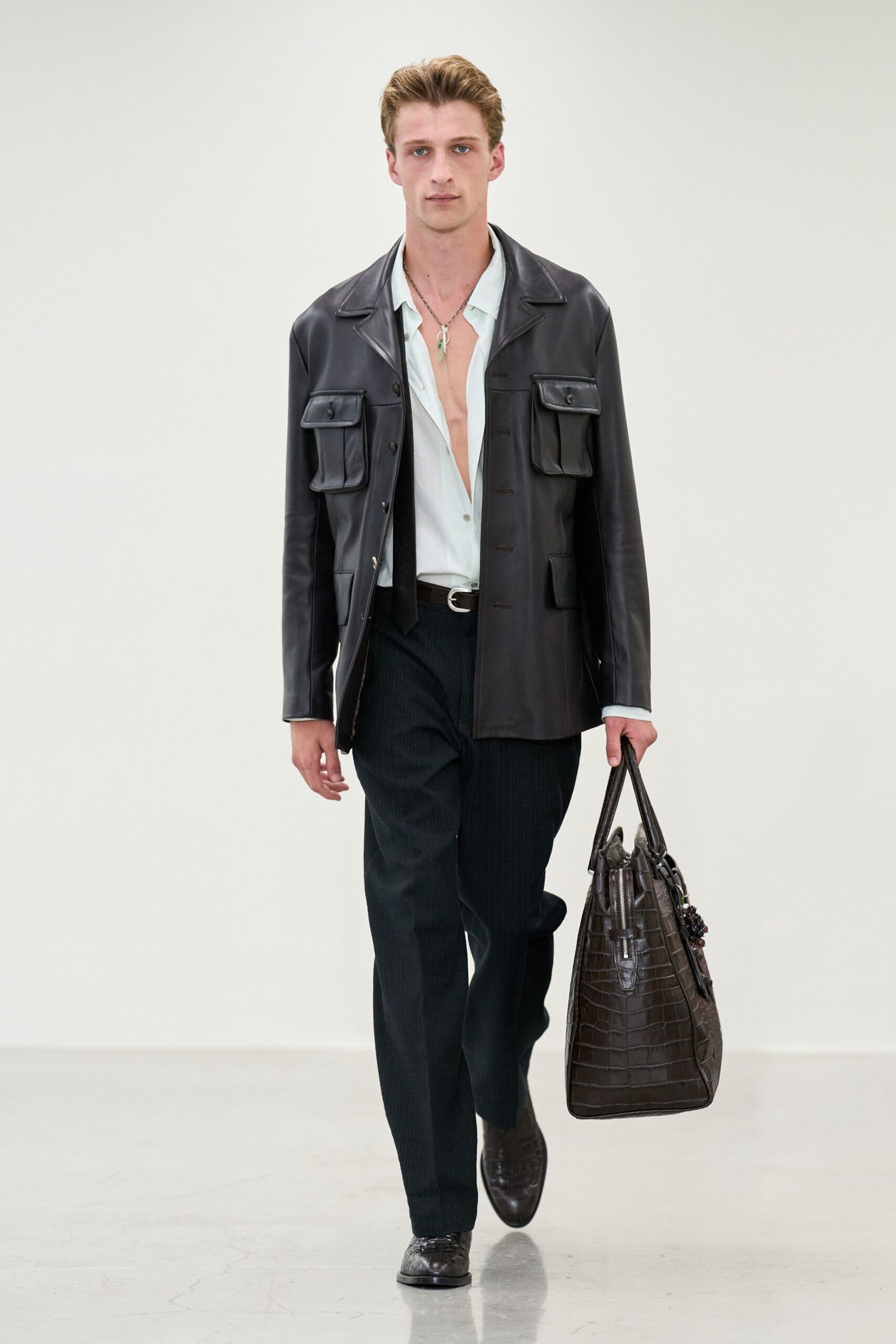 black leather long-sleeve collared fitted buttoned jacket