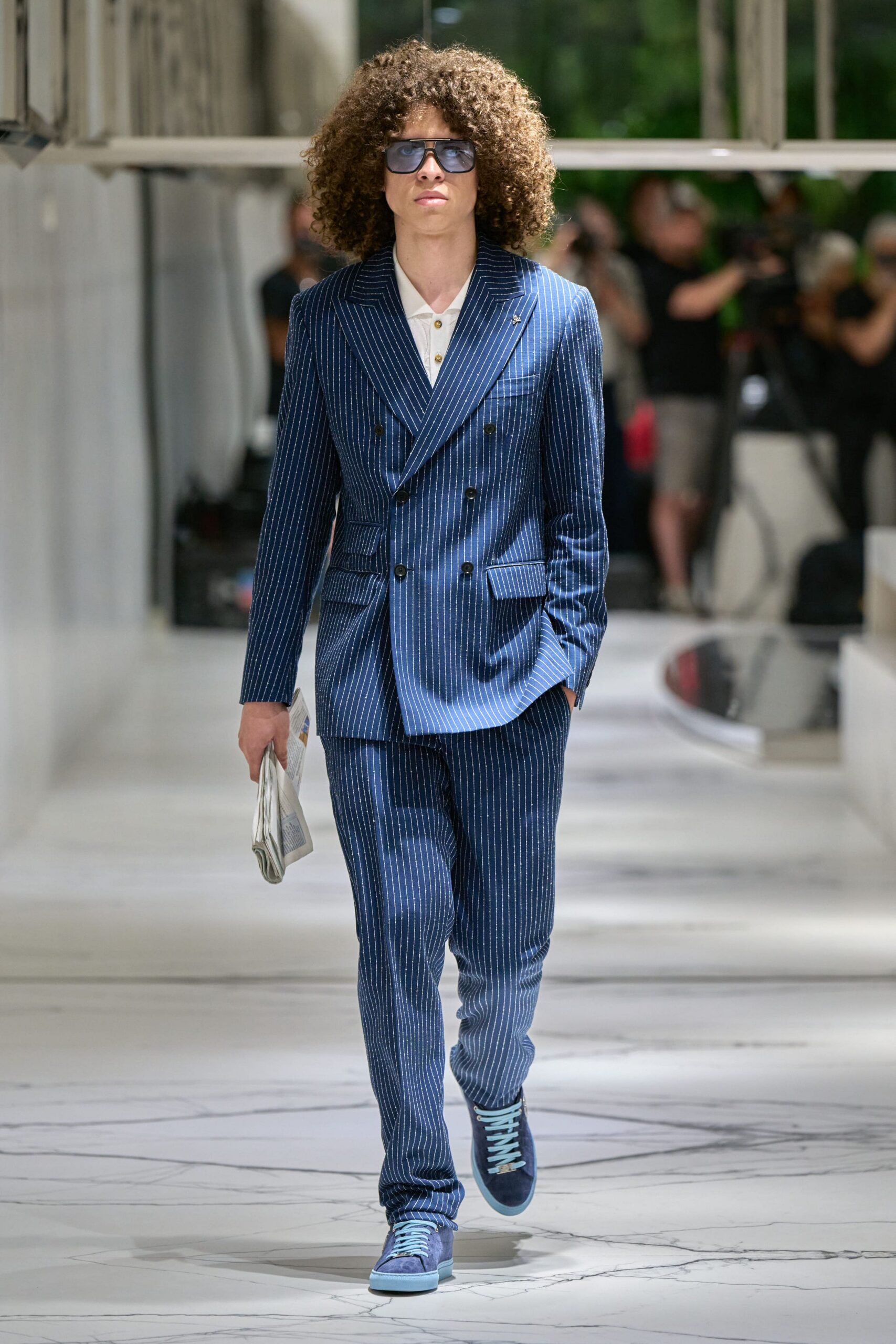 blue cotton long-sleeve collared tailored striped suit