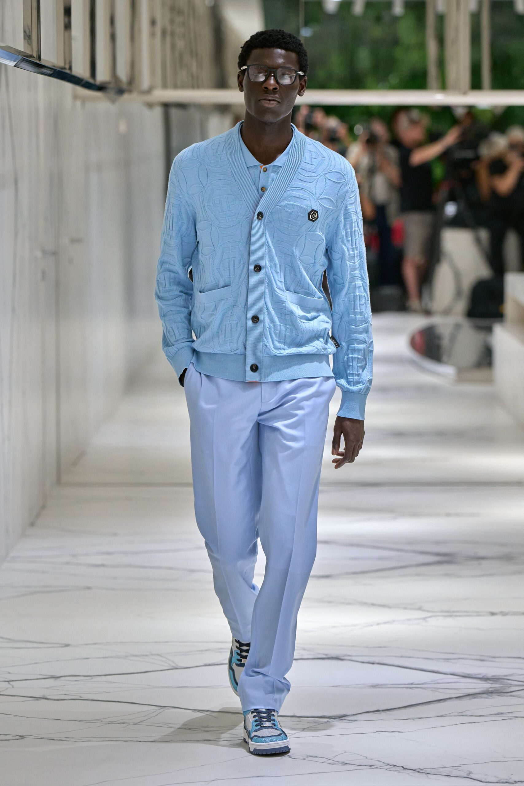 blue cotton tailored straight-leg pants