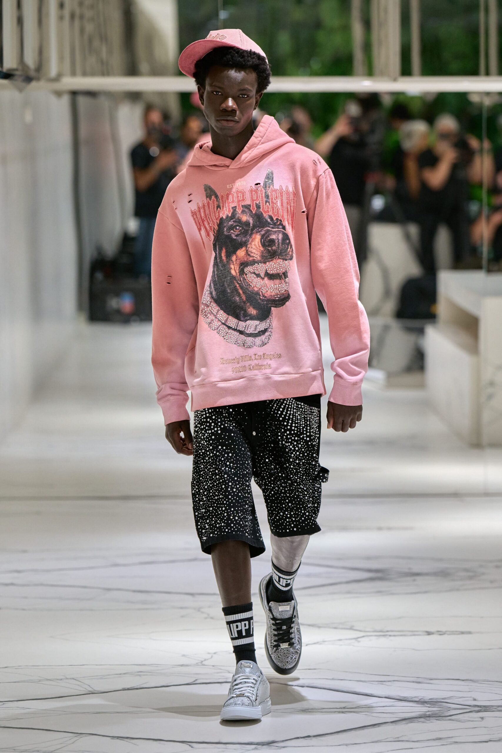 pink hoodie black shorts outfit