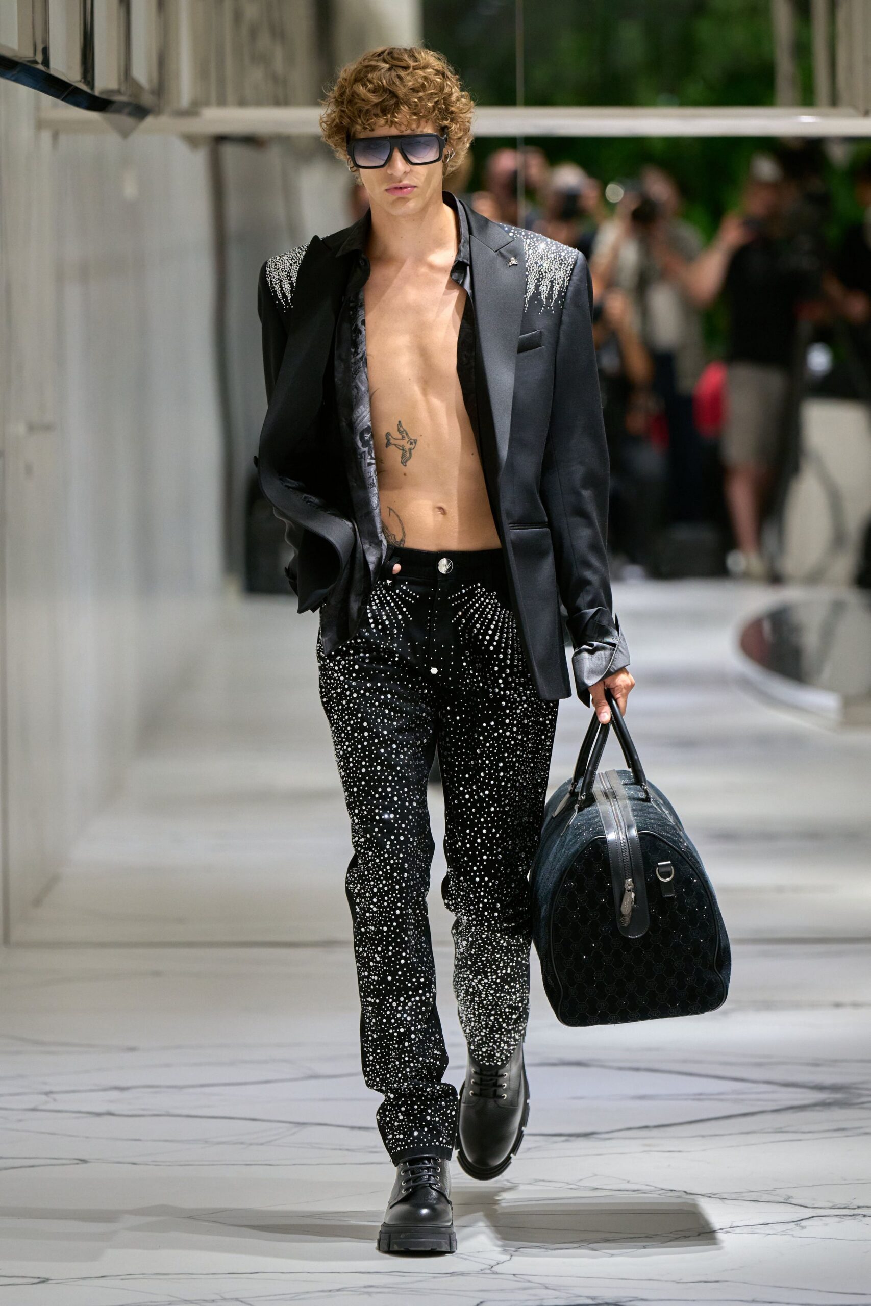 black cotton slim zippered pockets shiny pants