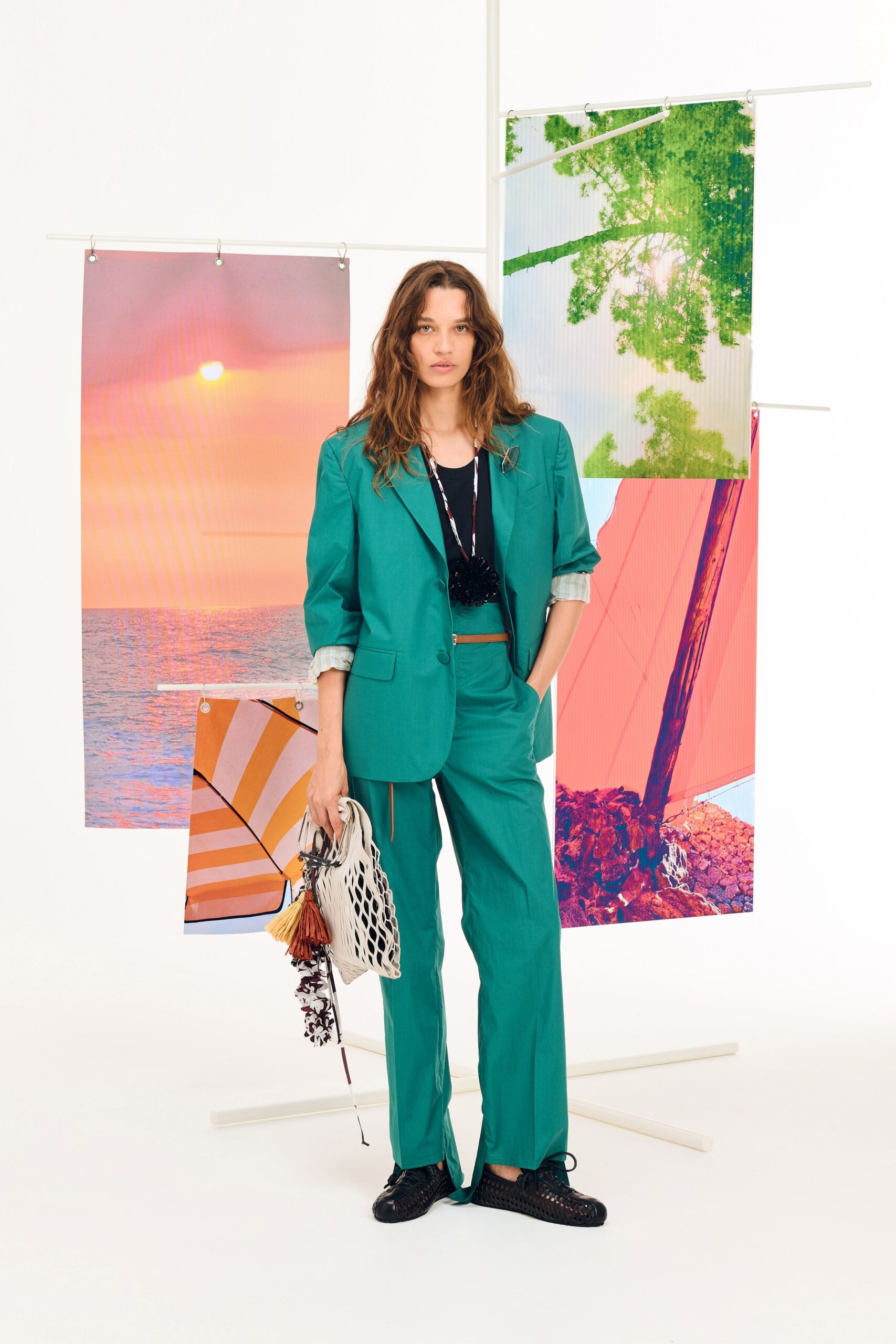 teal tailored blazer and pants